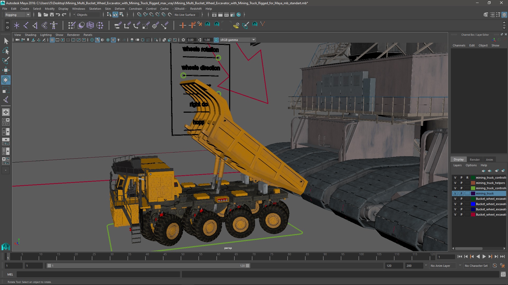 Mining Multi Bucket Wheel Excavator with Mining Truck Rigged for Maya 3D model