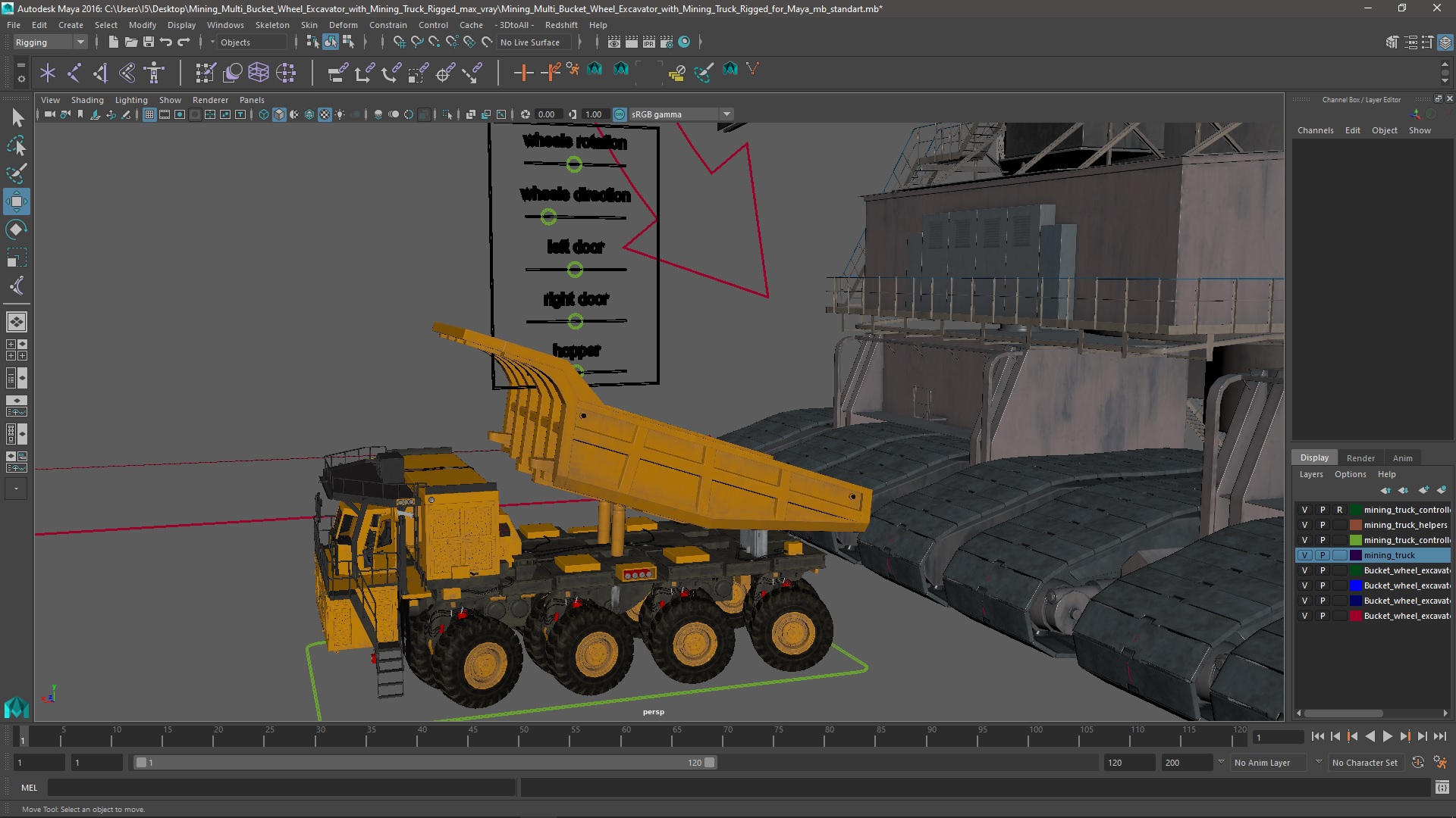 Mining Multi Bucket Wheel Excavator with Mining Truck Rigged for Maya 3D model