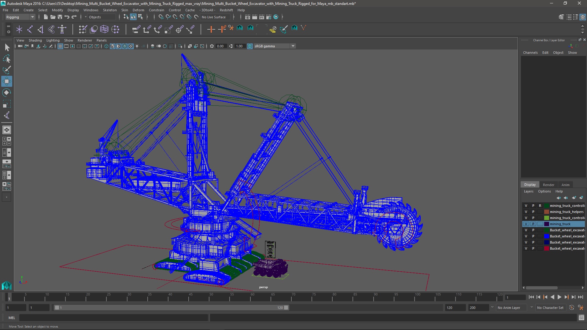 Mining Multi Bucket Wheel Excavator with Mining Truck Rigged for Maya 3D model