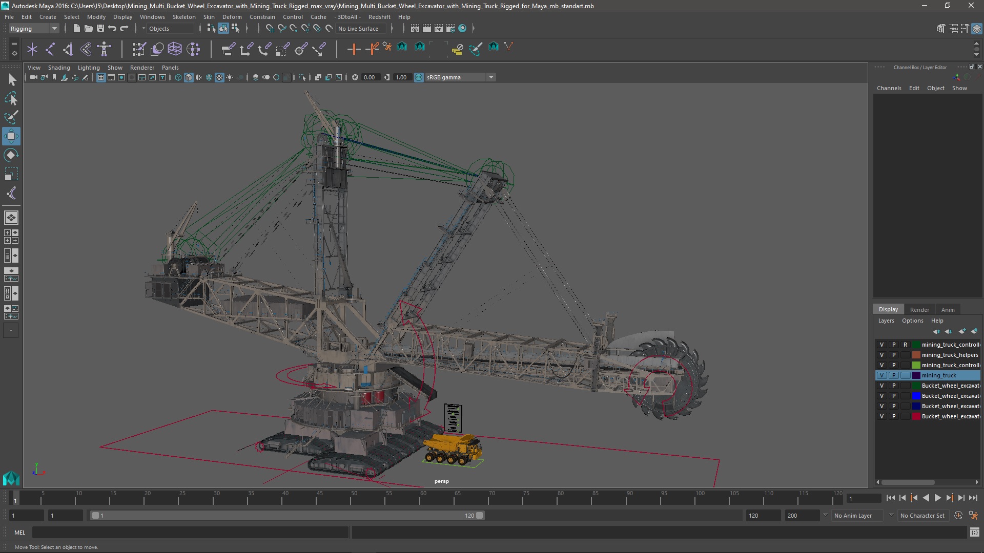 Mining Multi Bucket Wheel Excavator with Mining Truck Rigged for Maya 3D model