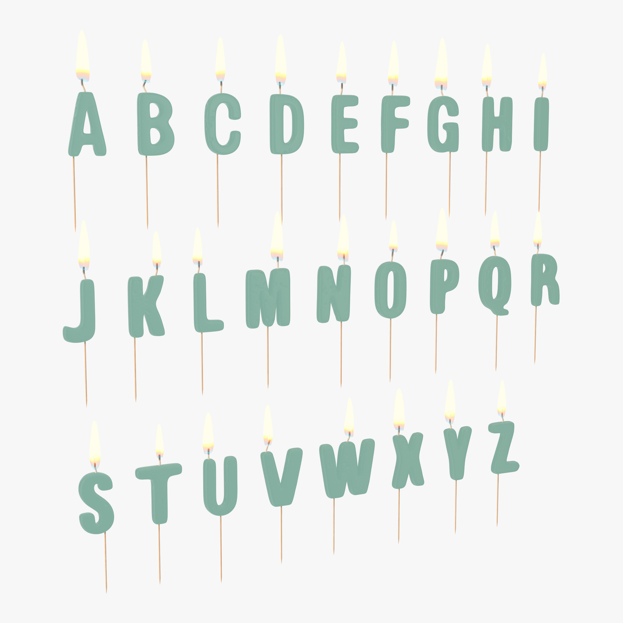 Alphabet Birthday Candles 3D Models Set with Flame, view 3