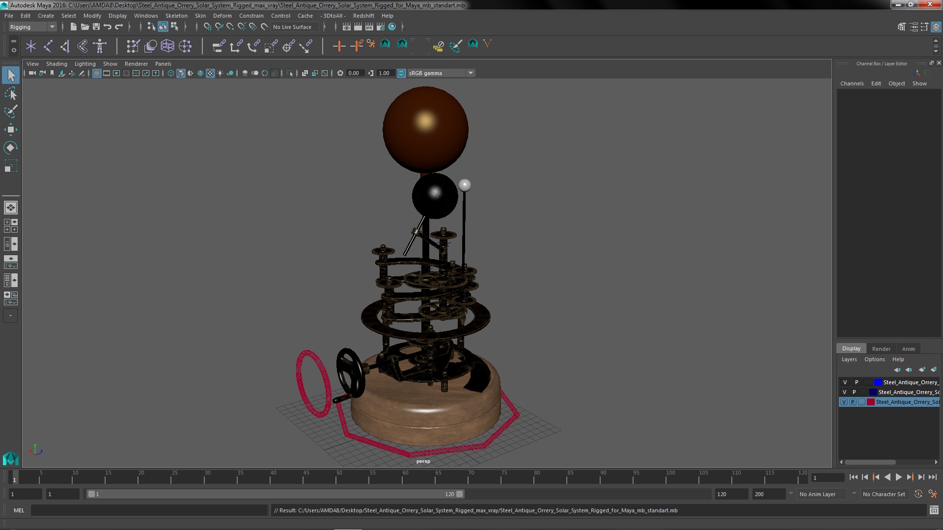 Steel Antique Orrery Solar System Rigged for Maya 3D model