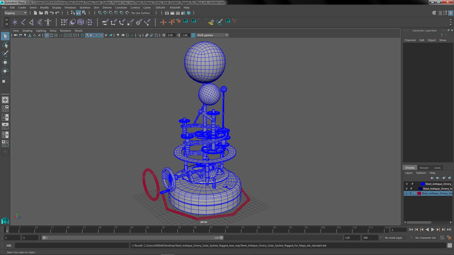 Steel Antique Orrery Solar System Rigged for Maya 3D model