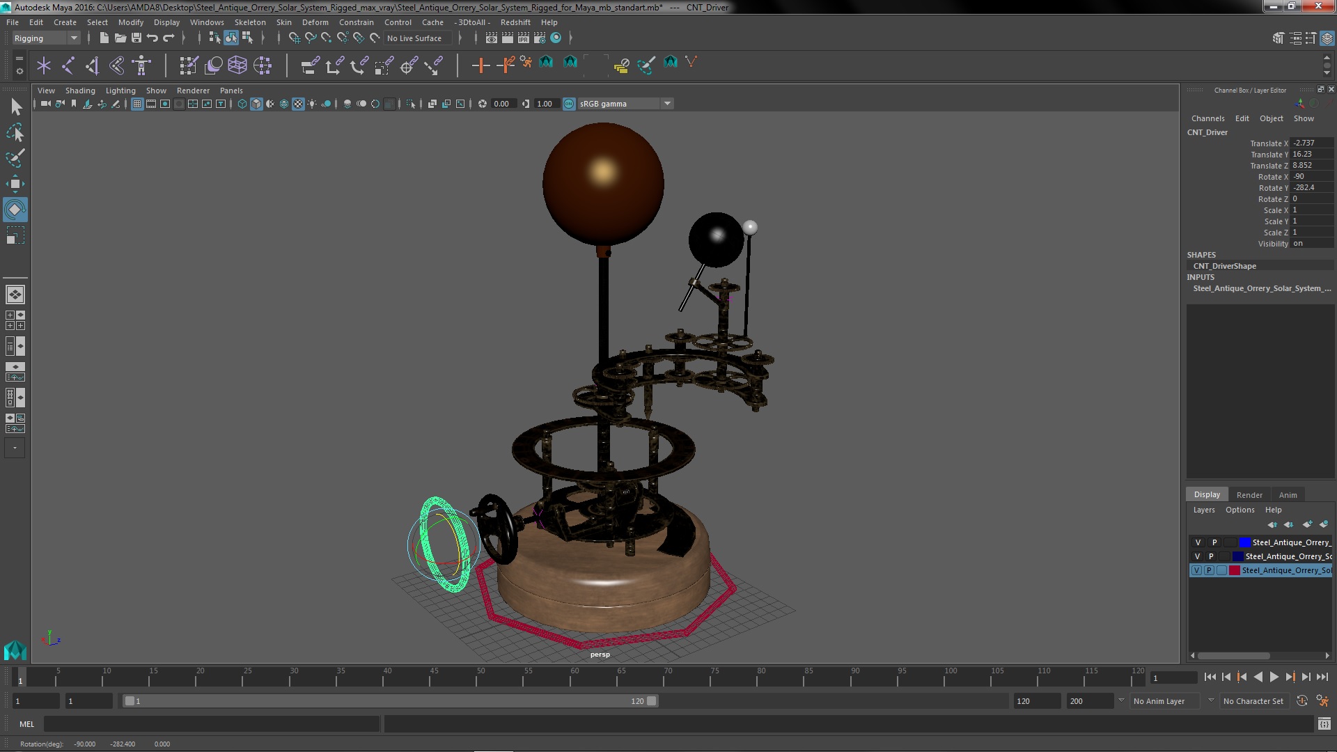 Steel Antique Orrery Solar System Rigged for Maya 3D model