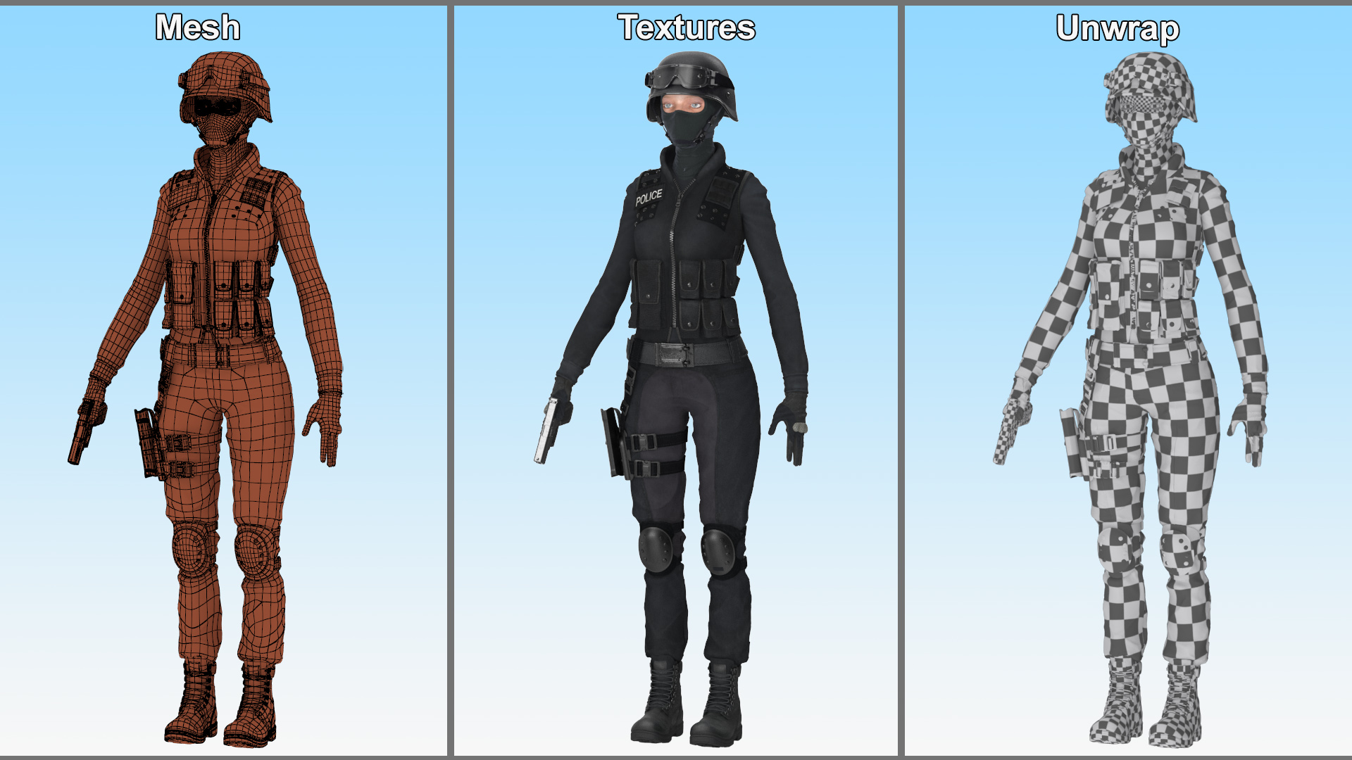 3D Tactical Police Officer Woman with Handgun Rigged for Cinema 4D model
