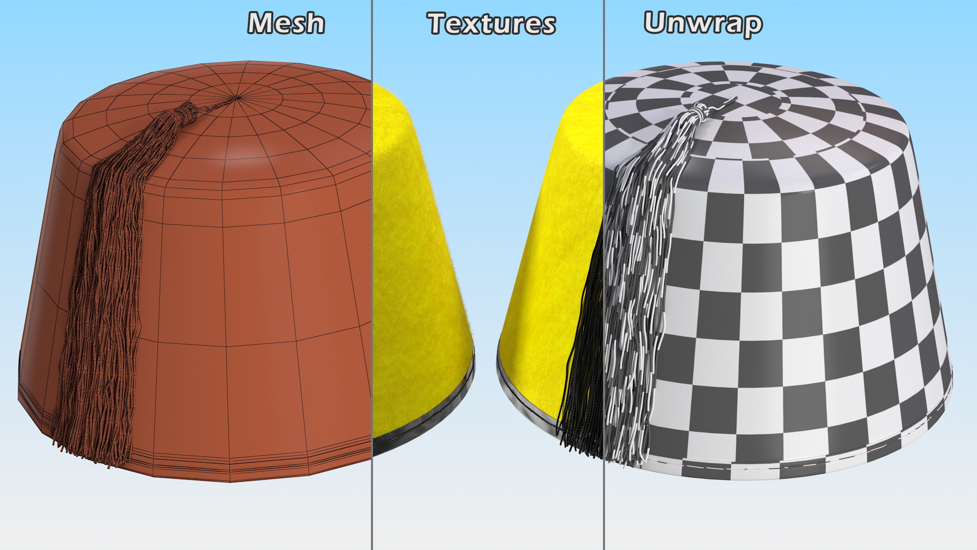 3D model Traditional Arabic Yellow Fez Hat With Black Tassel Fur