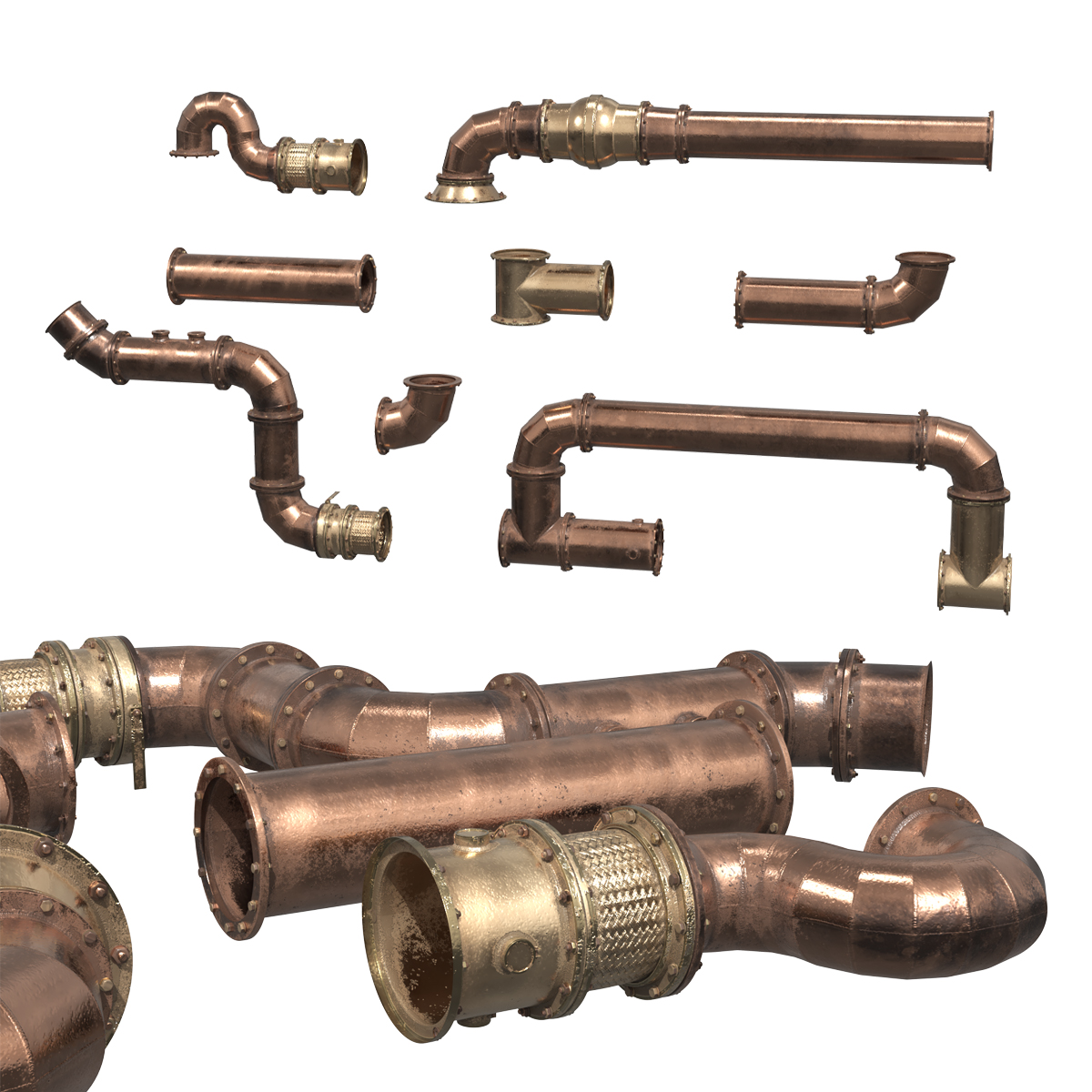 Industrial Copper Plumbing Pipe Set 3D model preview