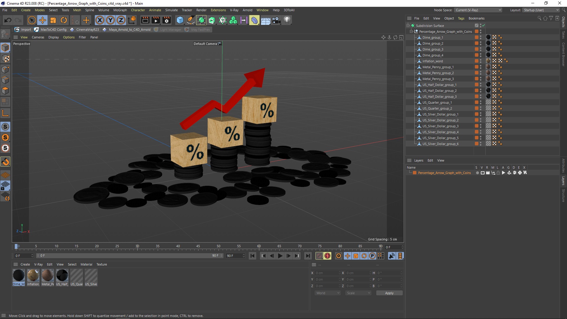 3D Percentage Arrow Graph with Coins model