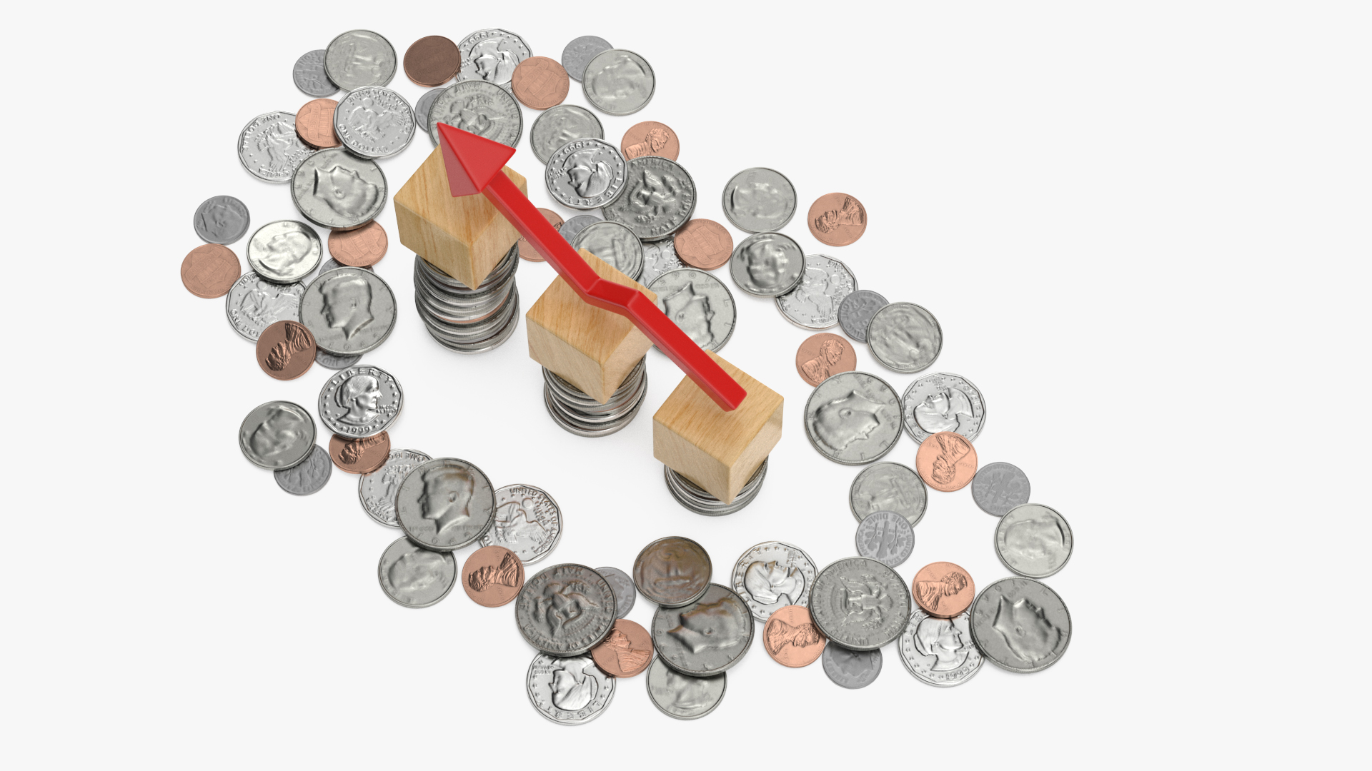 3D Percentage Arrow Graph with Coins model
