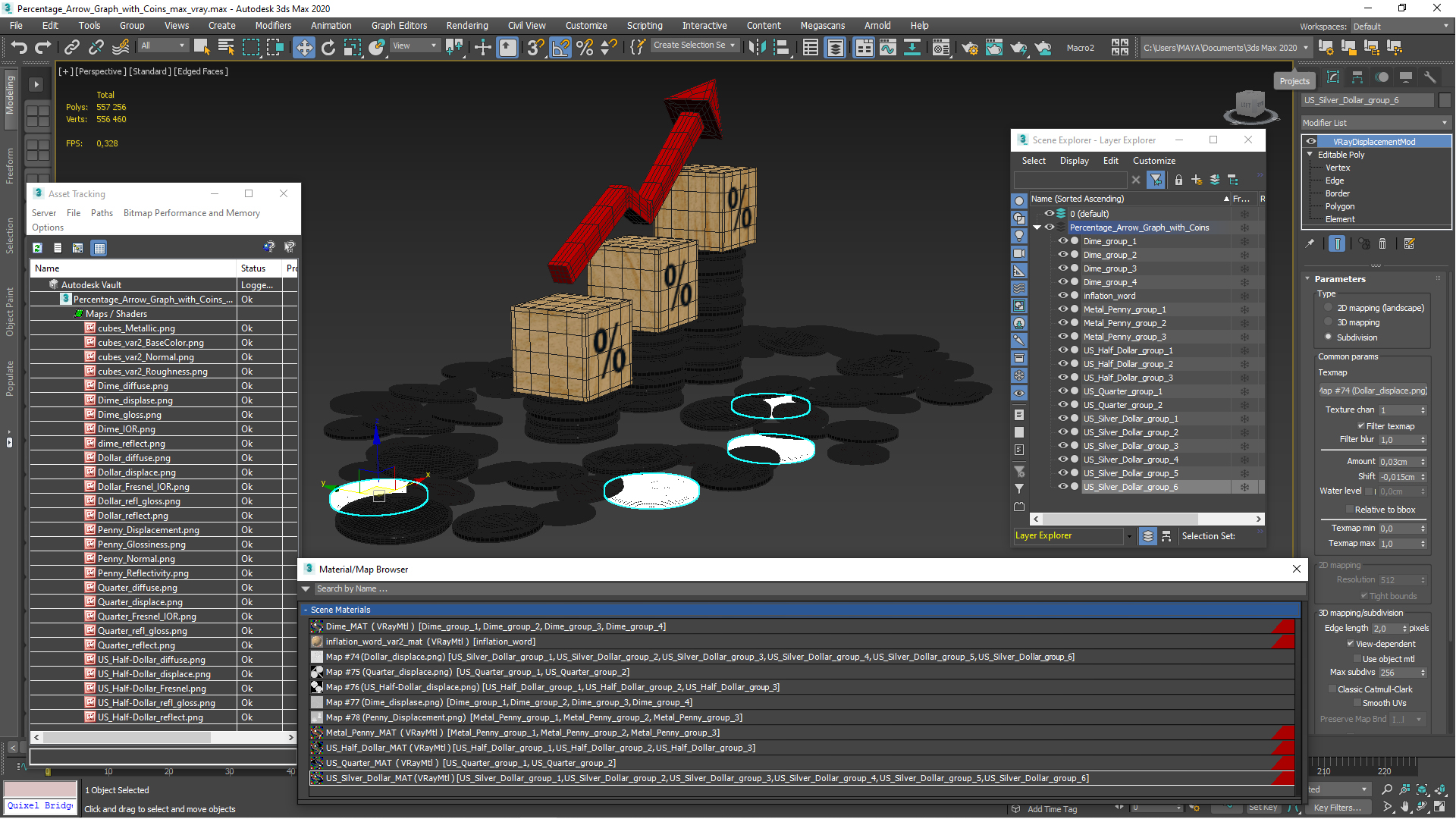 3D Percentage Arrow Graph with Coins model