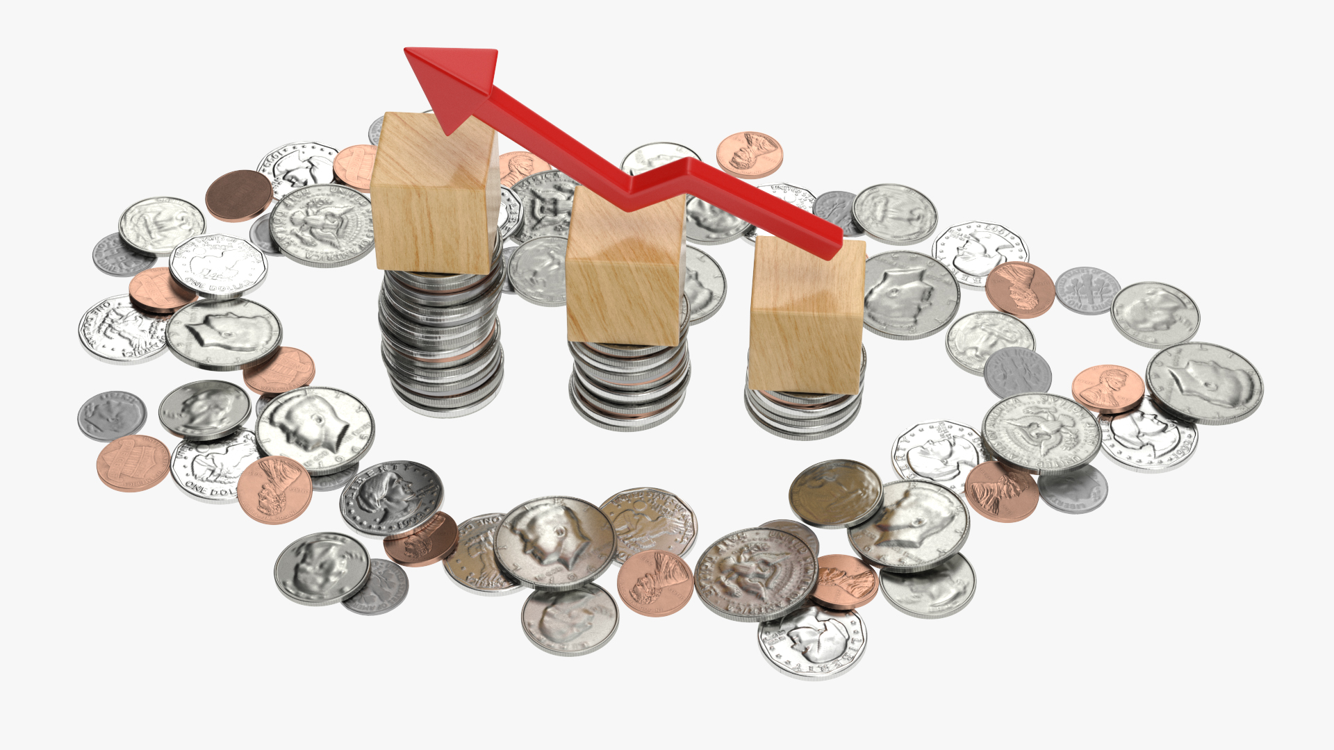3D Percentage Arrow Graph with Coins model