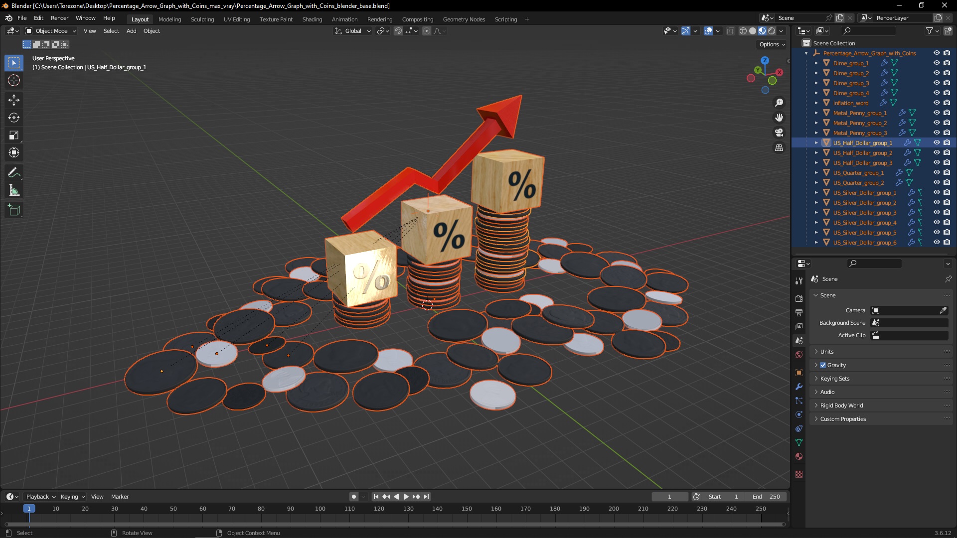 3D Percentage Arrow Graph with Coins model