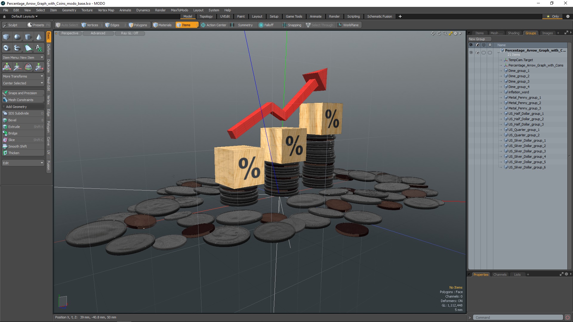 3D Percentage Arrow Graph with Coins model