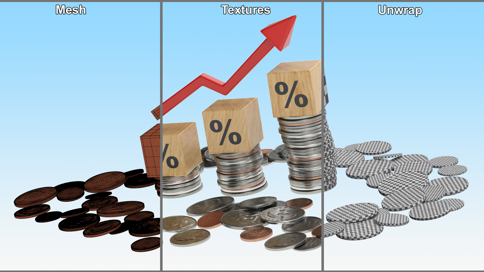 3D Percentage Arrow Graph with Coins model