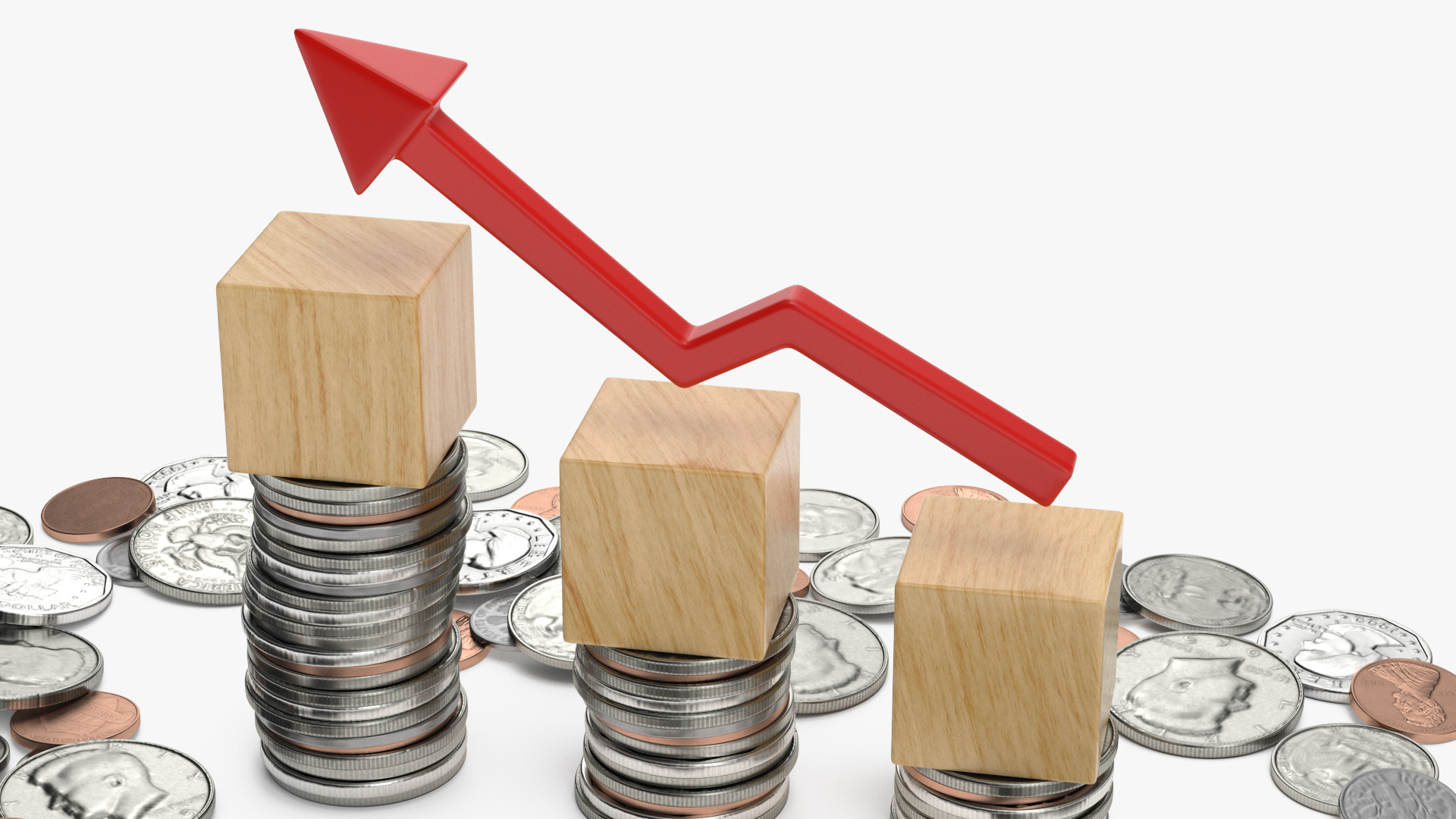 3D Percentage Arrow Graph with Coins model