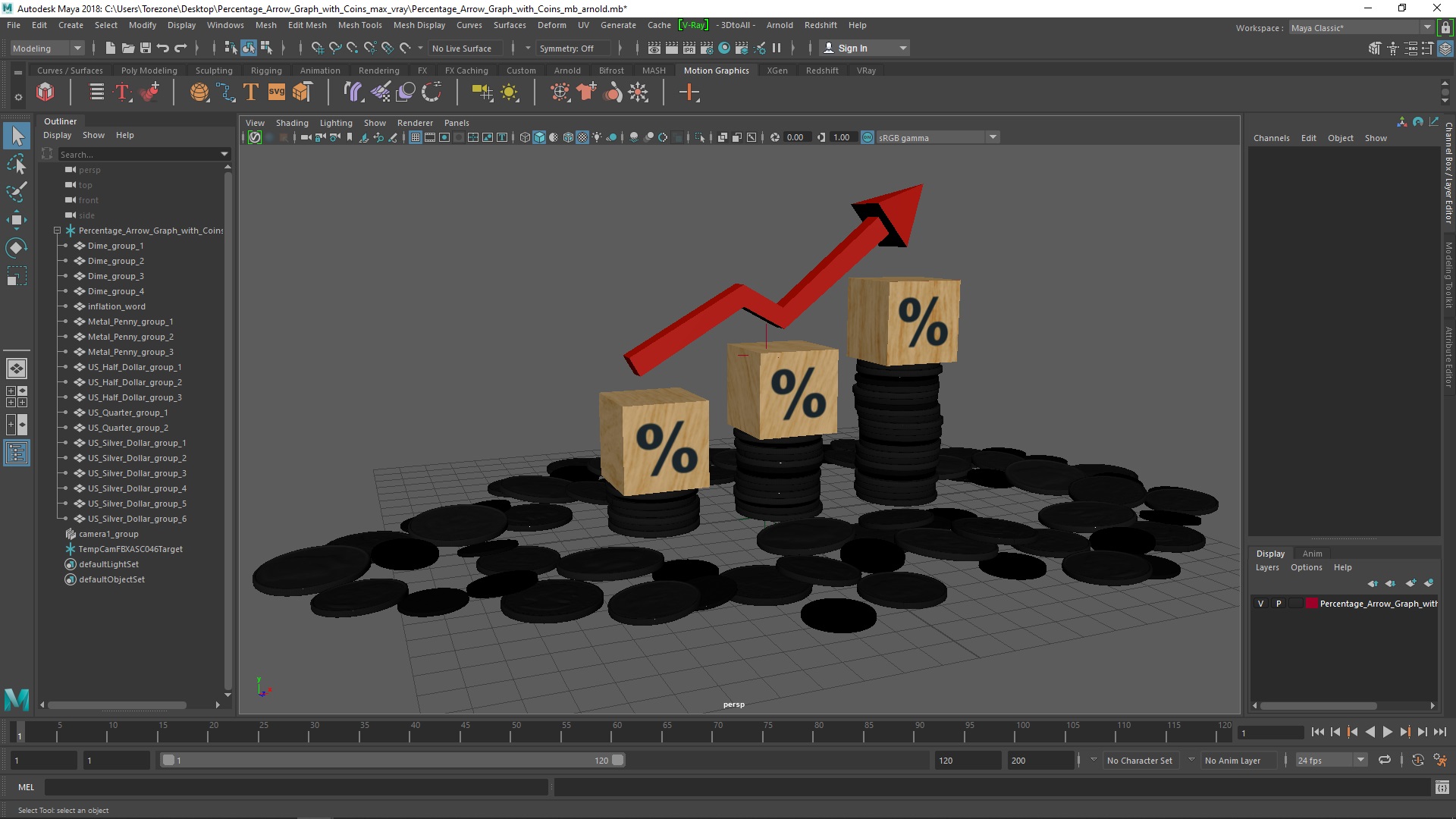 3D Percentage Arrow Graph with Coins model