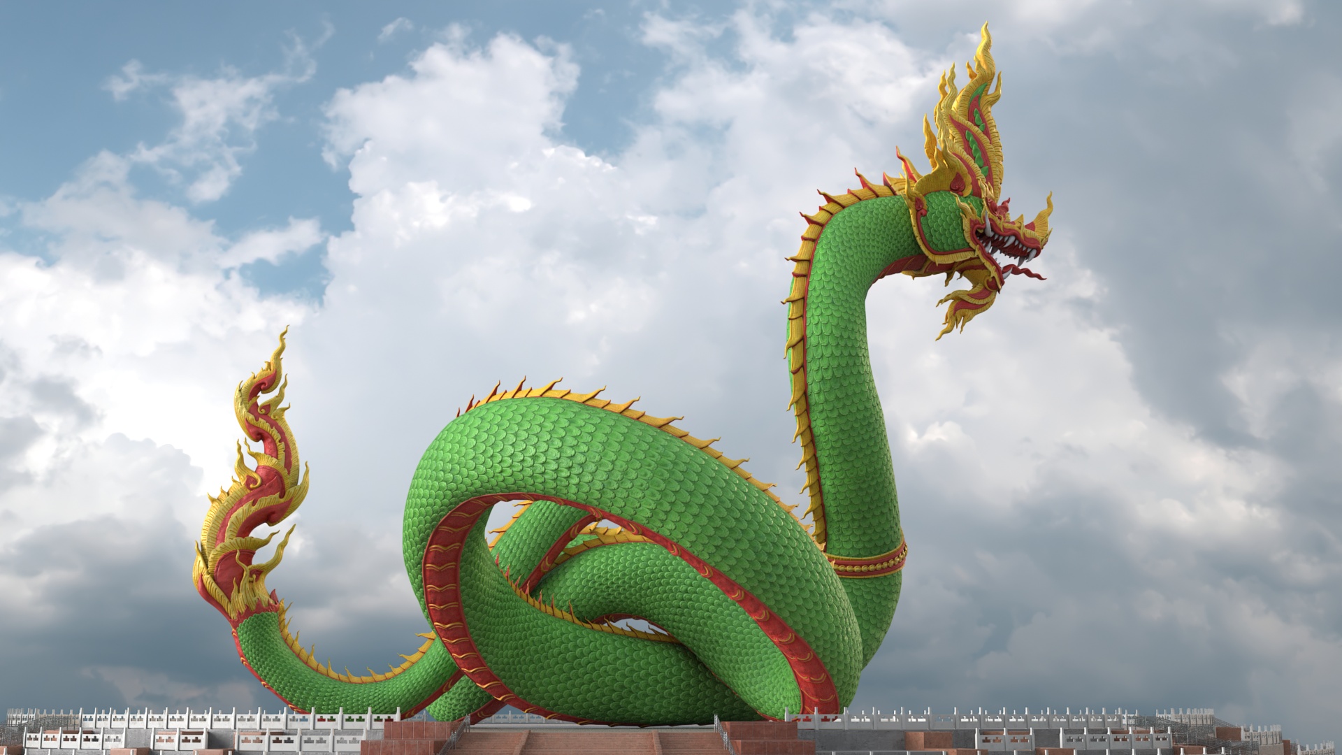 Asian Naga Dragon Green Rigged for Maya 3D model