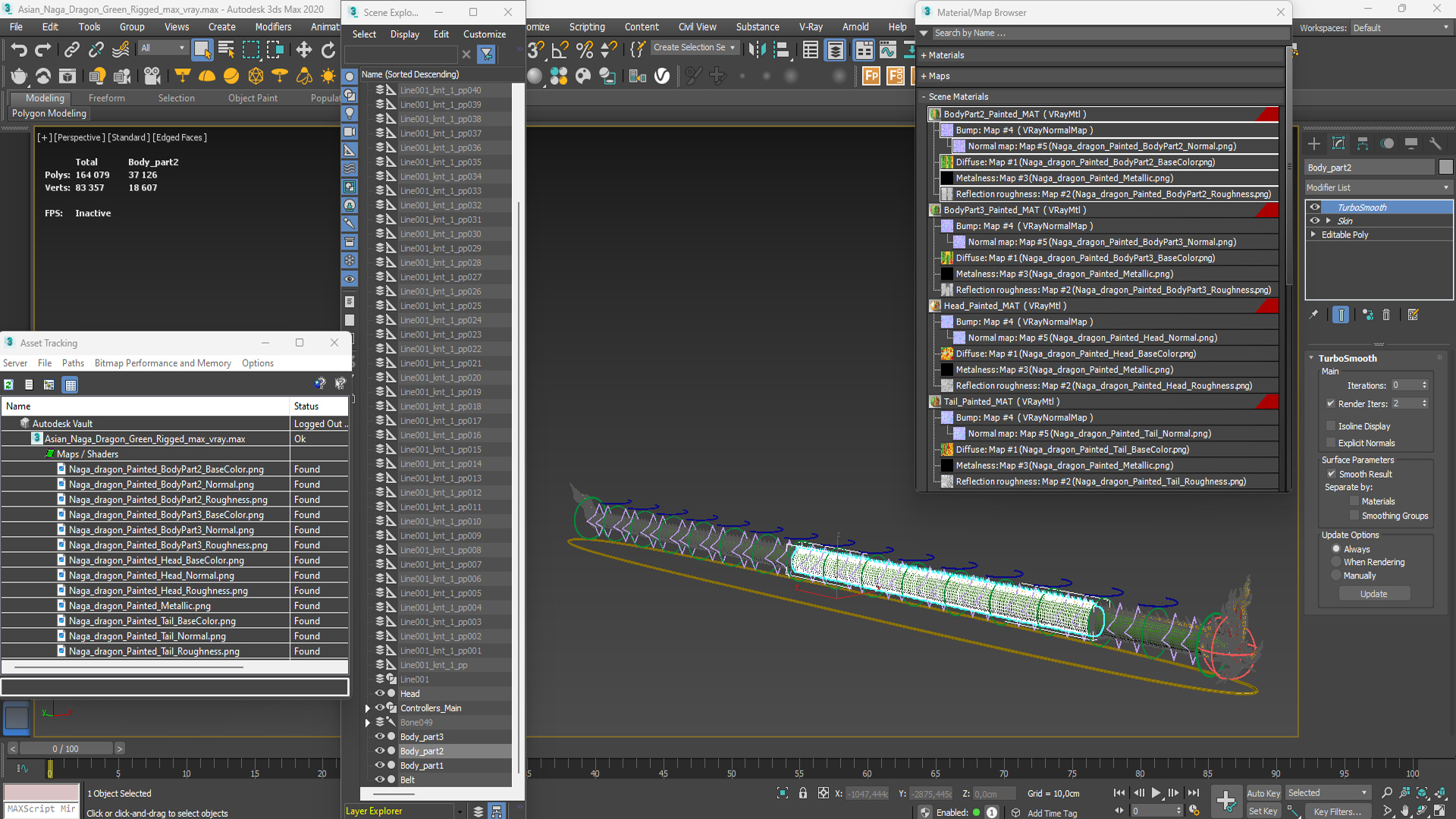 Asian Naga Dragon Green Rigged for Maya 3D model