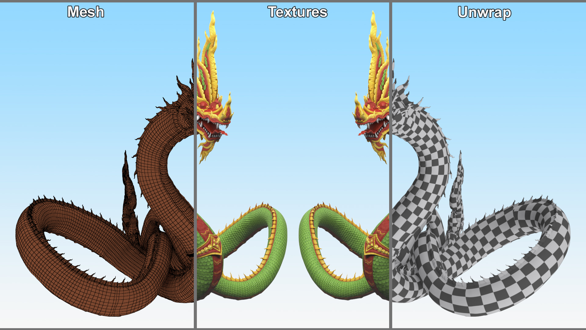 Asian Naga Dragon Green Rigged for Maya 3D model