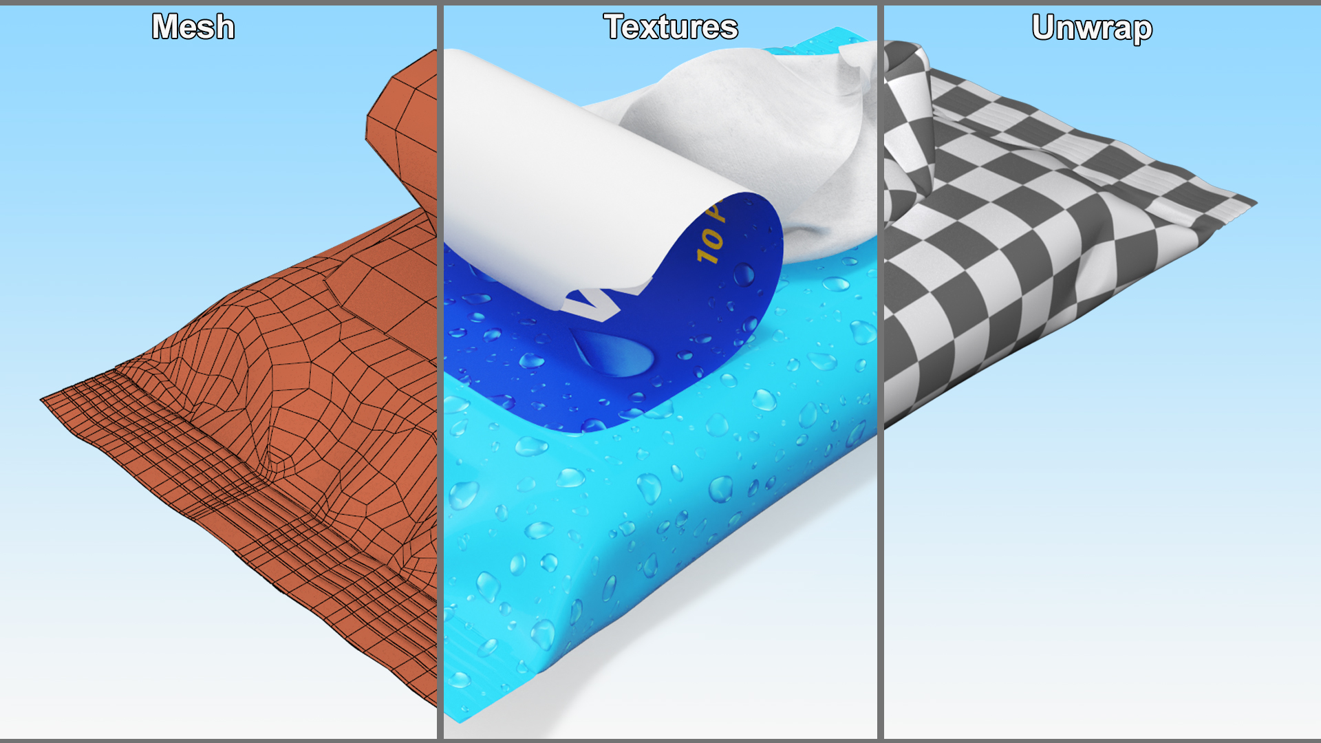 Blue Pack of Wet Wipes with Napkin Sticking Out 3D