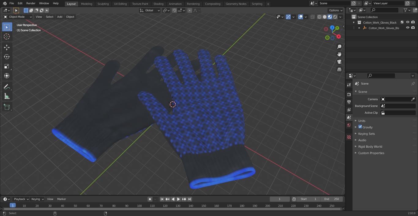 Cotton Work Gloves Black 3D model