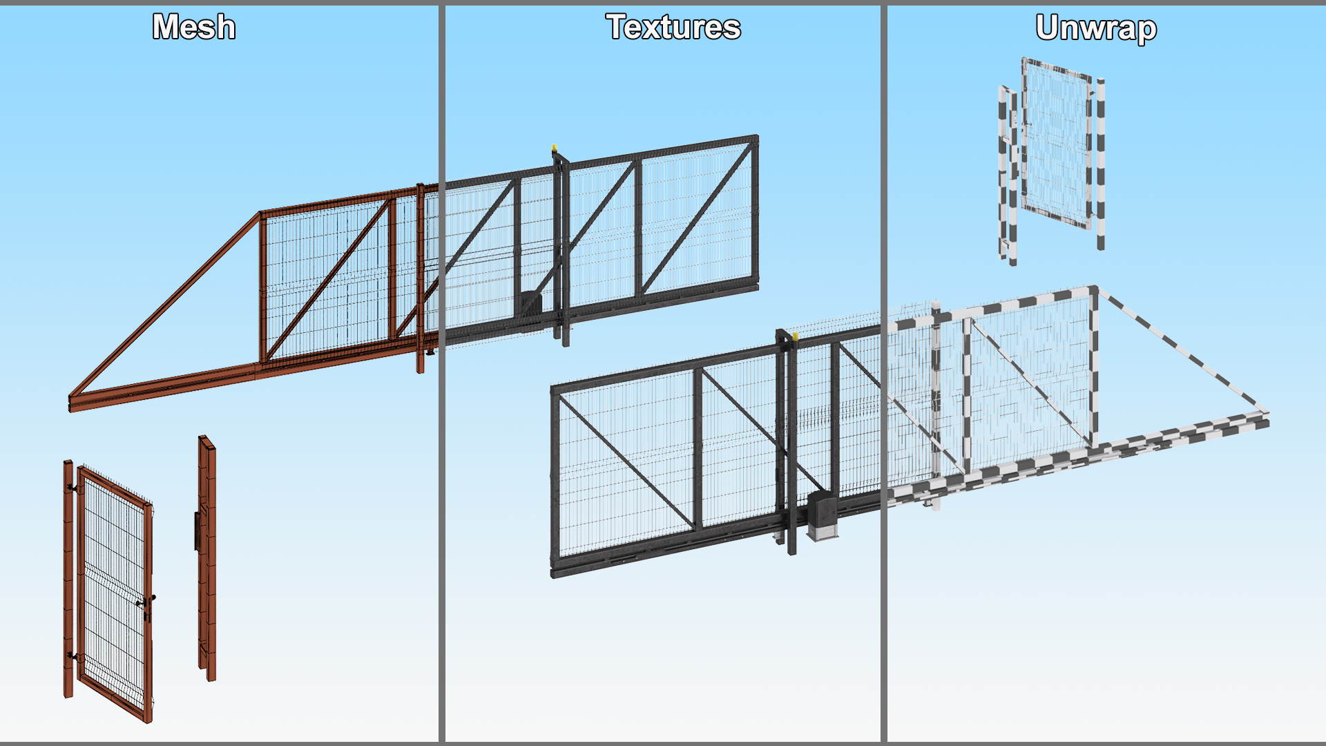 Industrial Metal Gate with Fence Open 3D
