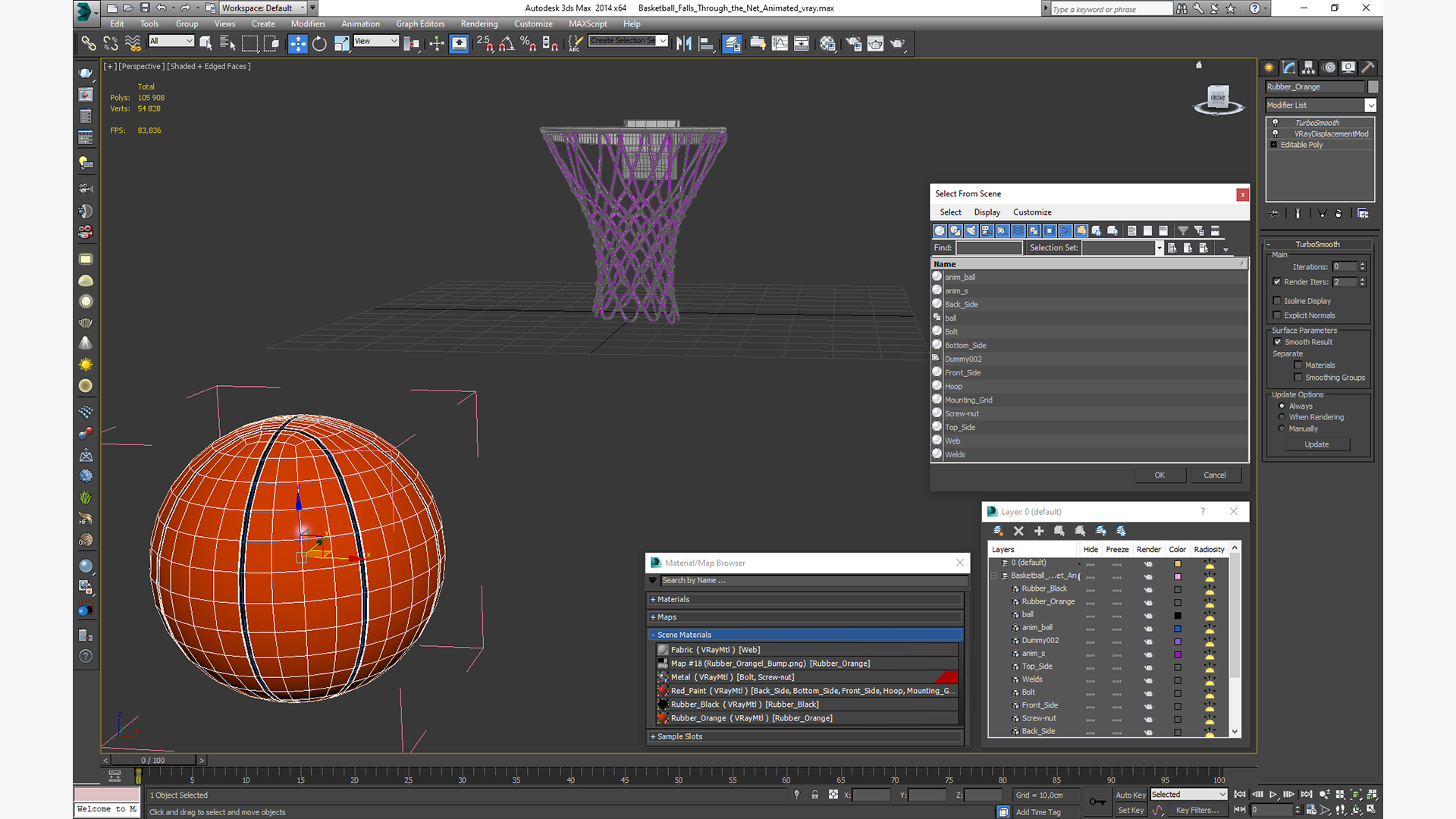 3D Animated Basketball Falls Through the Net