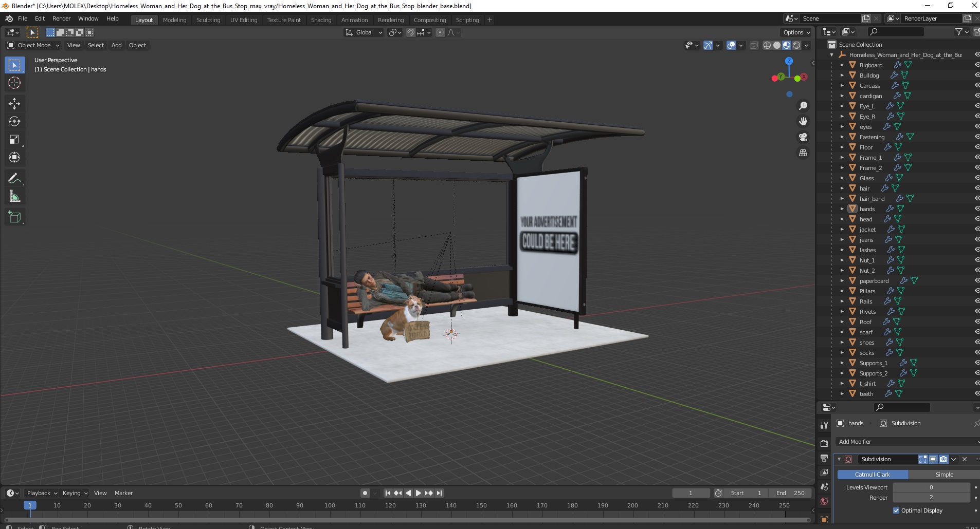 Homeless Woman and Her Dog at the Bus Stop 3D