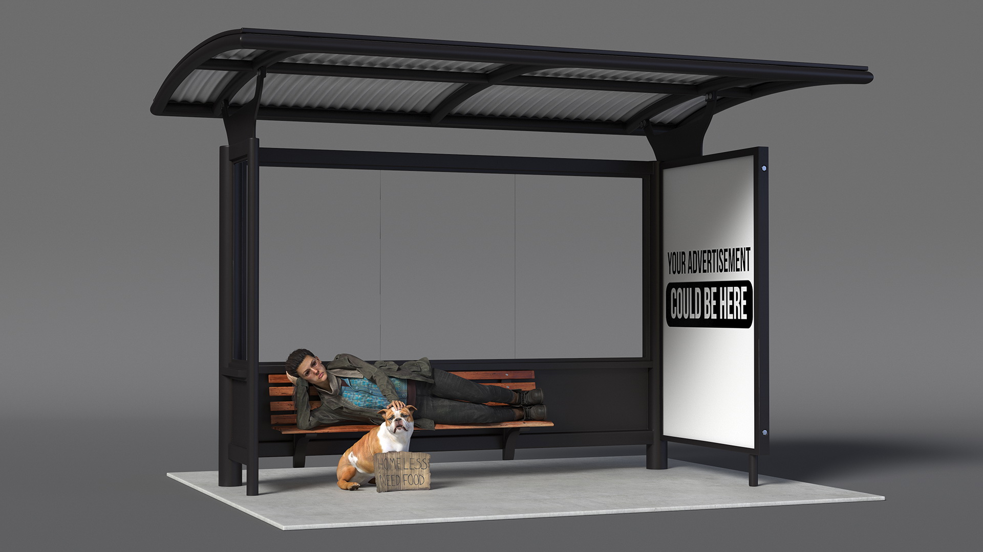 Homeless Woman and Her Dog at the Bus Stop 3D