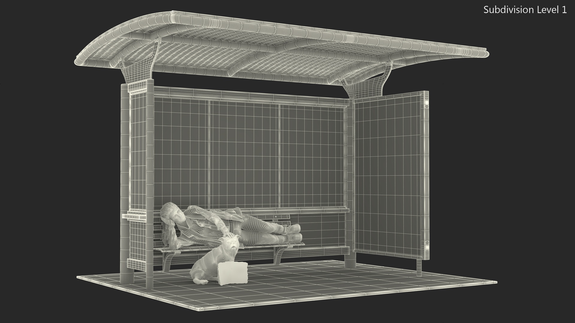 Homeless Woman and Her Dog at the Bus Stop 3D