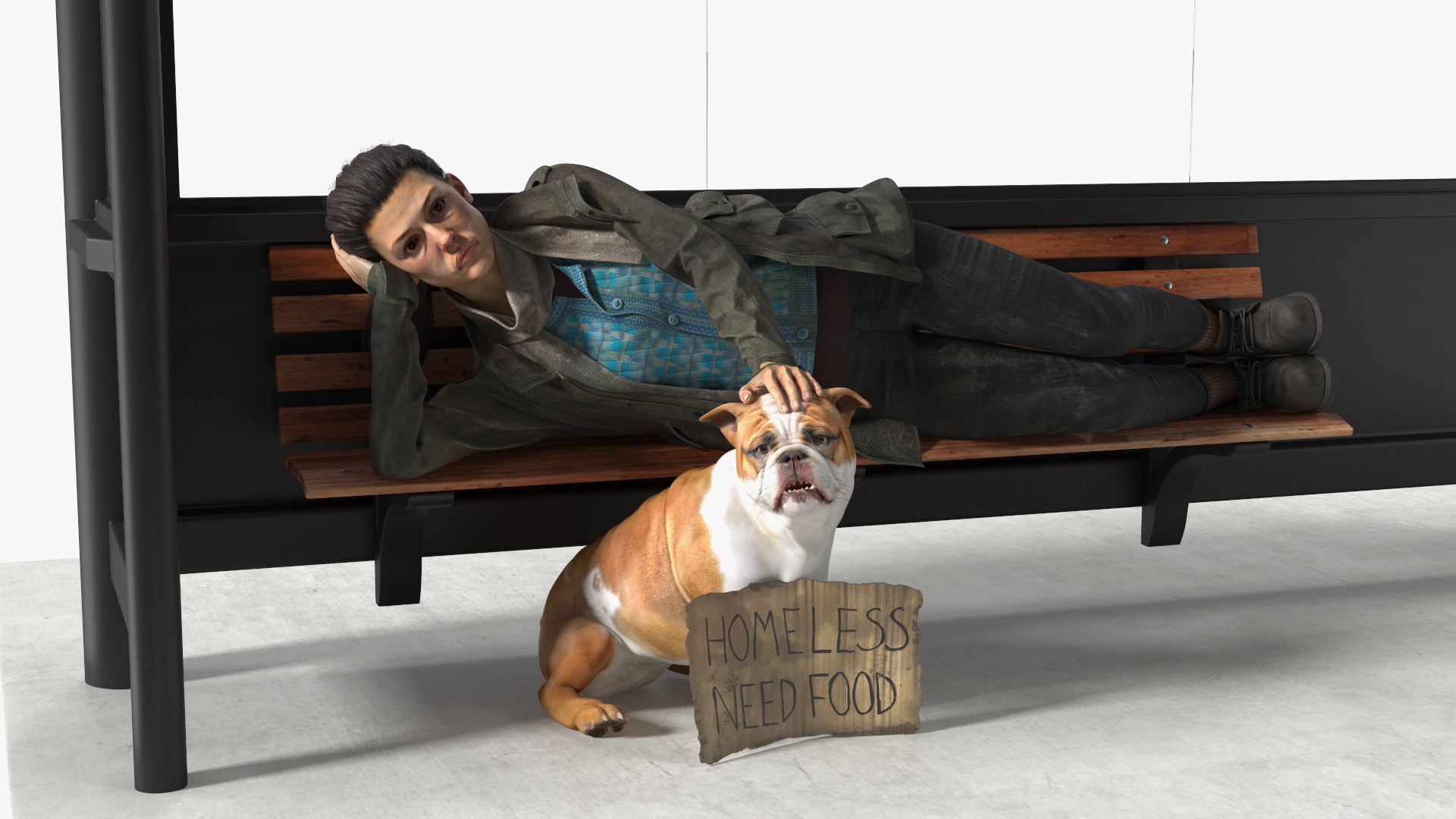 Homeless Woman and Her Dog at the Bus Stop 3D