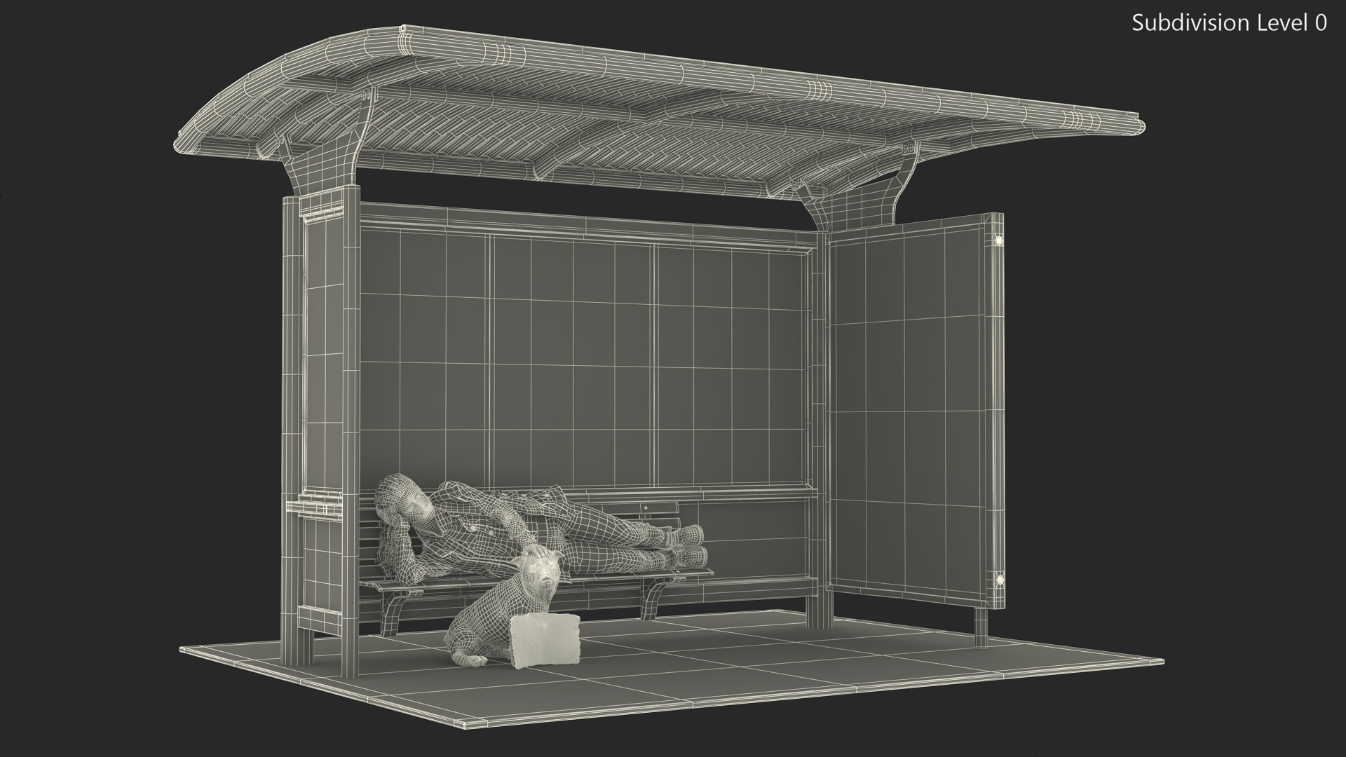 Homeless Woman and Her Dog at the Bus Stop 3D