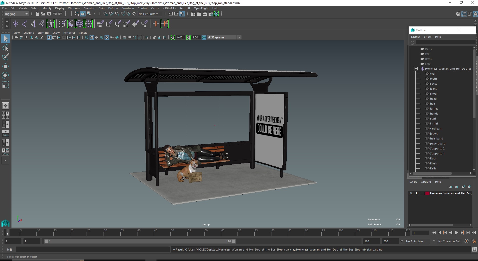 Homeless Woman and Her Dog at the Bus Stop 3D