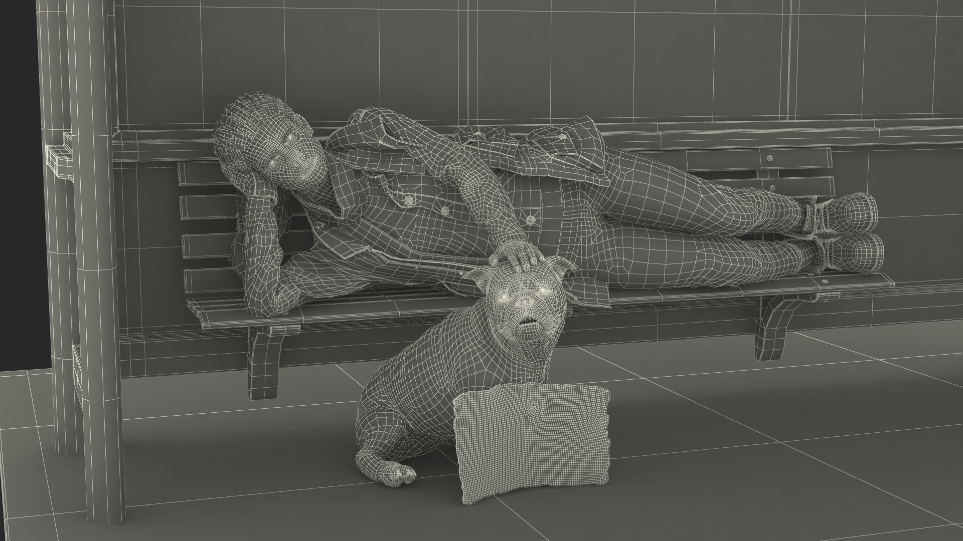 Homeless Woman and Her Dog at the Bus Stop 3D
