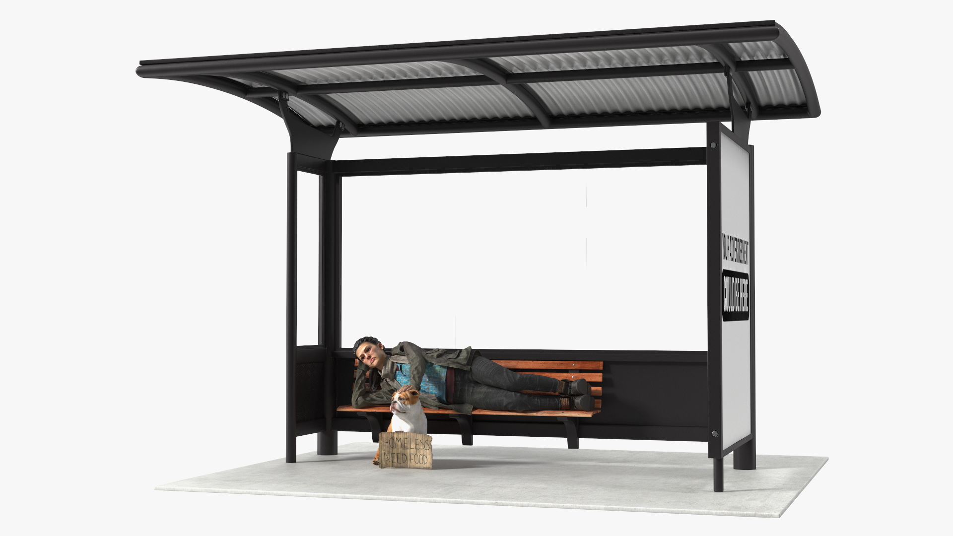 Homeless Woman and Her Dog at the Bus Stop 3D