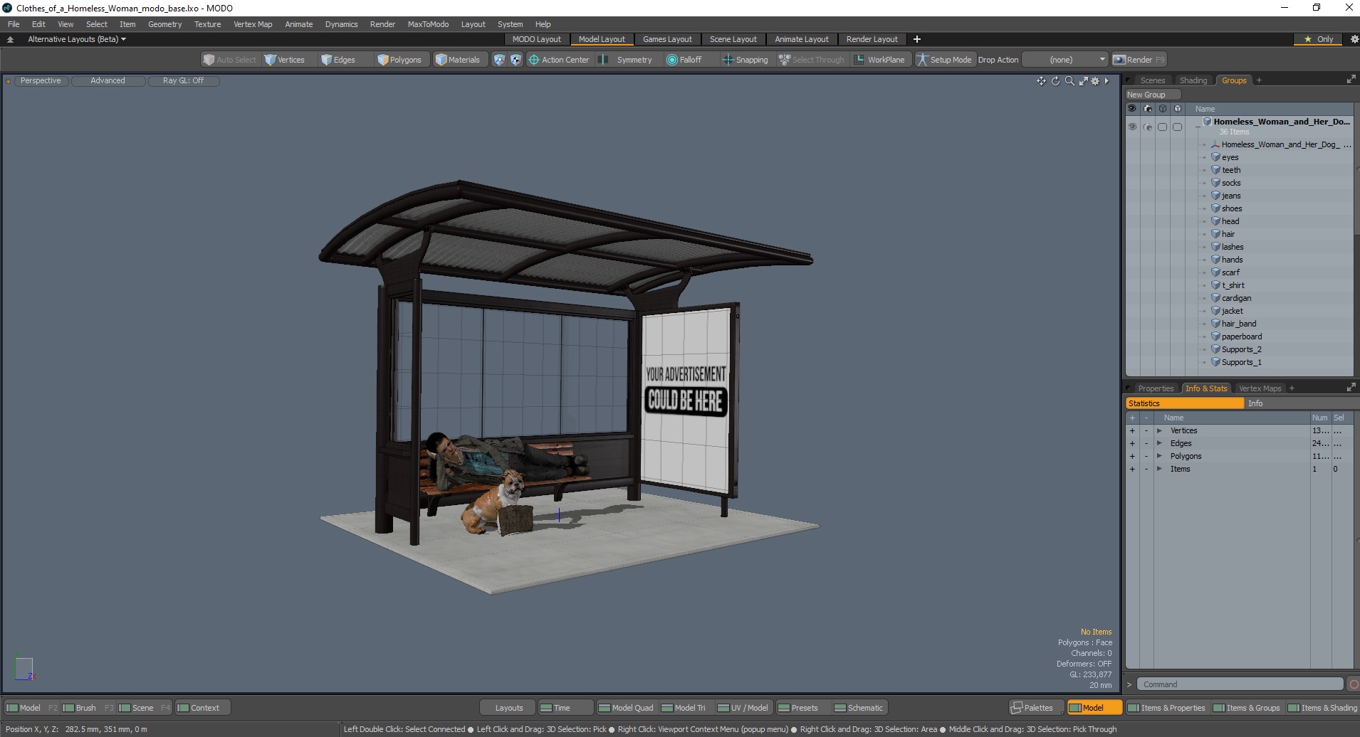 Homeless Woman and Her Dog at the Bus Stop 3D