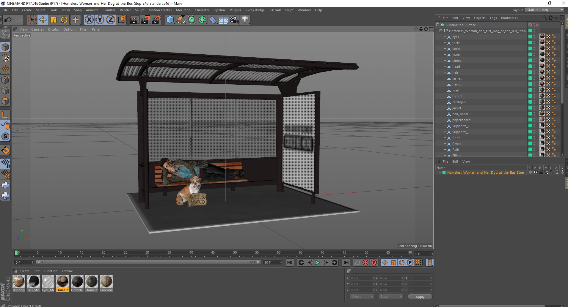 Homeless Woman and Her Dog at the Bus Stop 3D