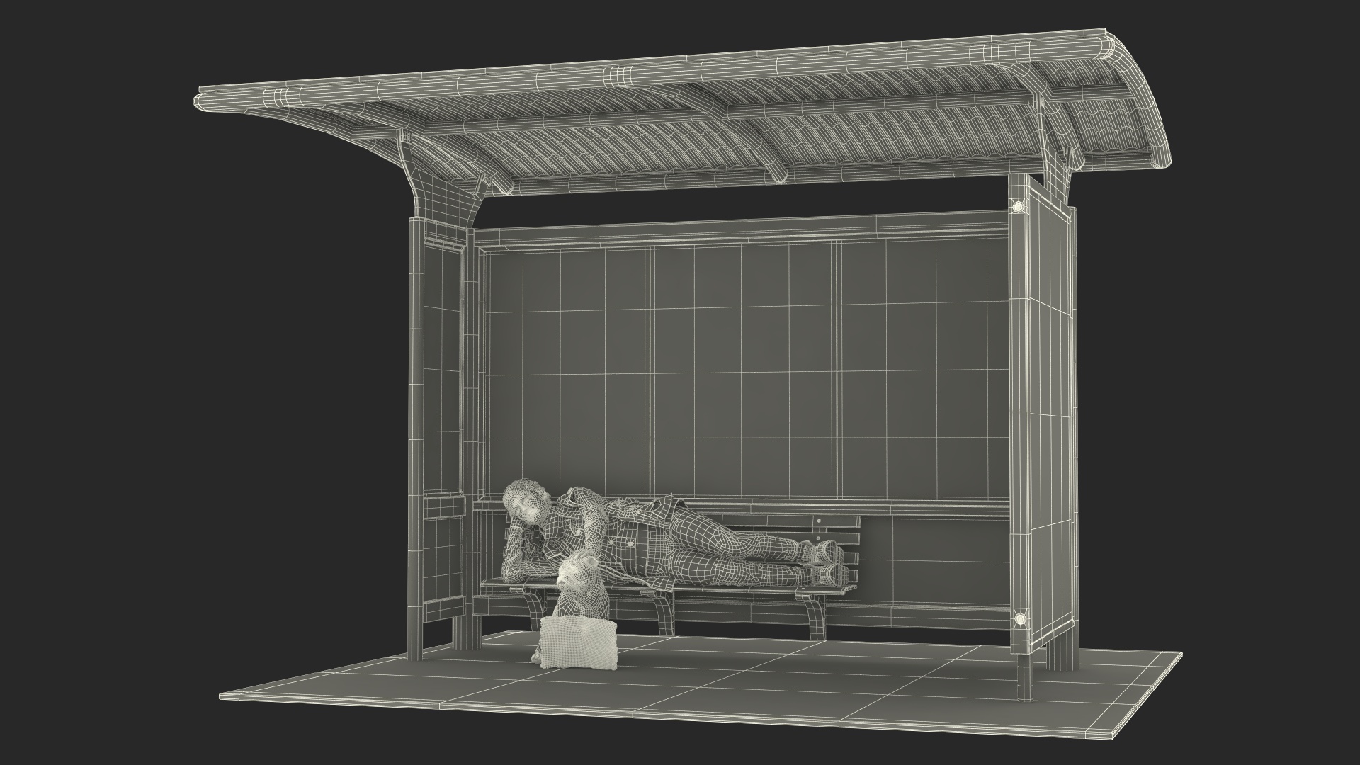 Homeless Woman and Her Dog at the Bus Stop 3D