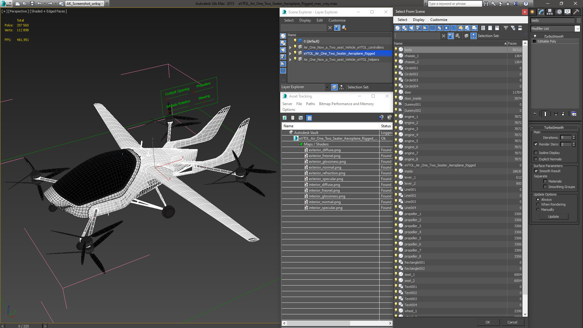 3D eVTOL Air One Two Seater Aeroplane Rigged