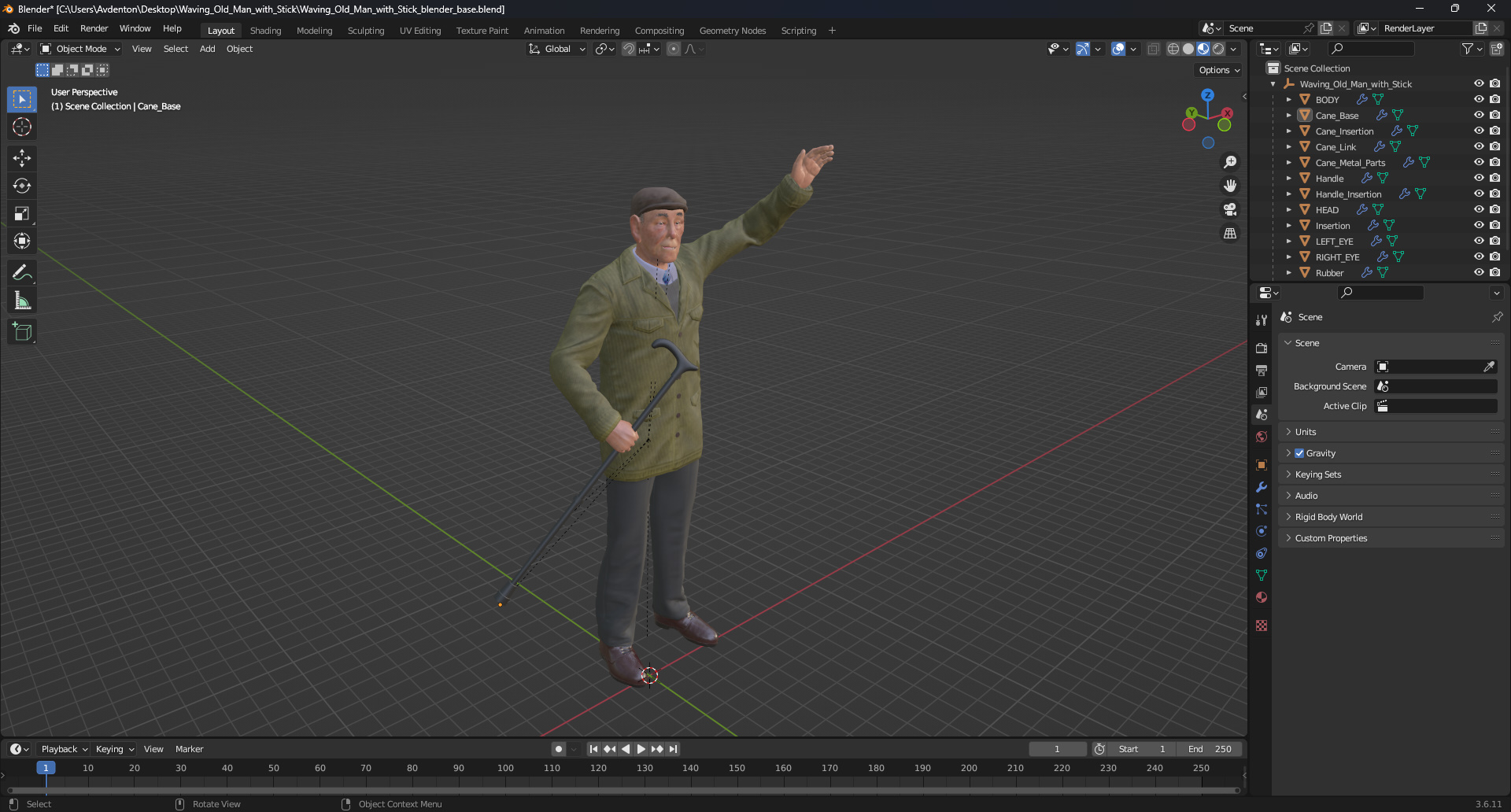 3D model Waving Old Man with Stick