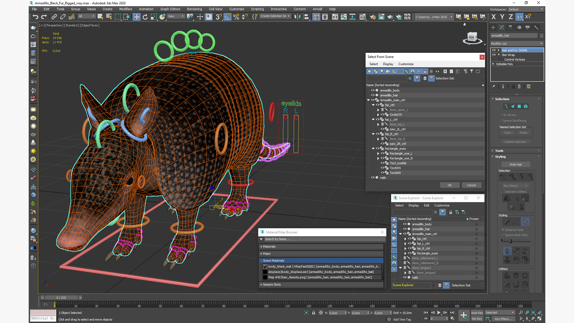 3D Armadillo Black Fur Rigged