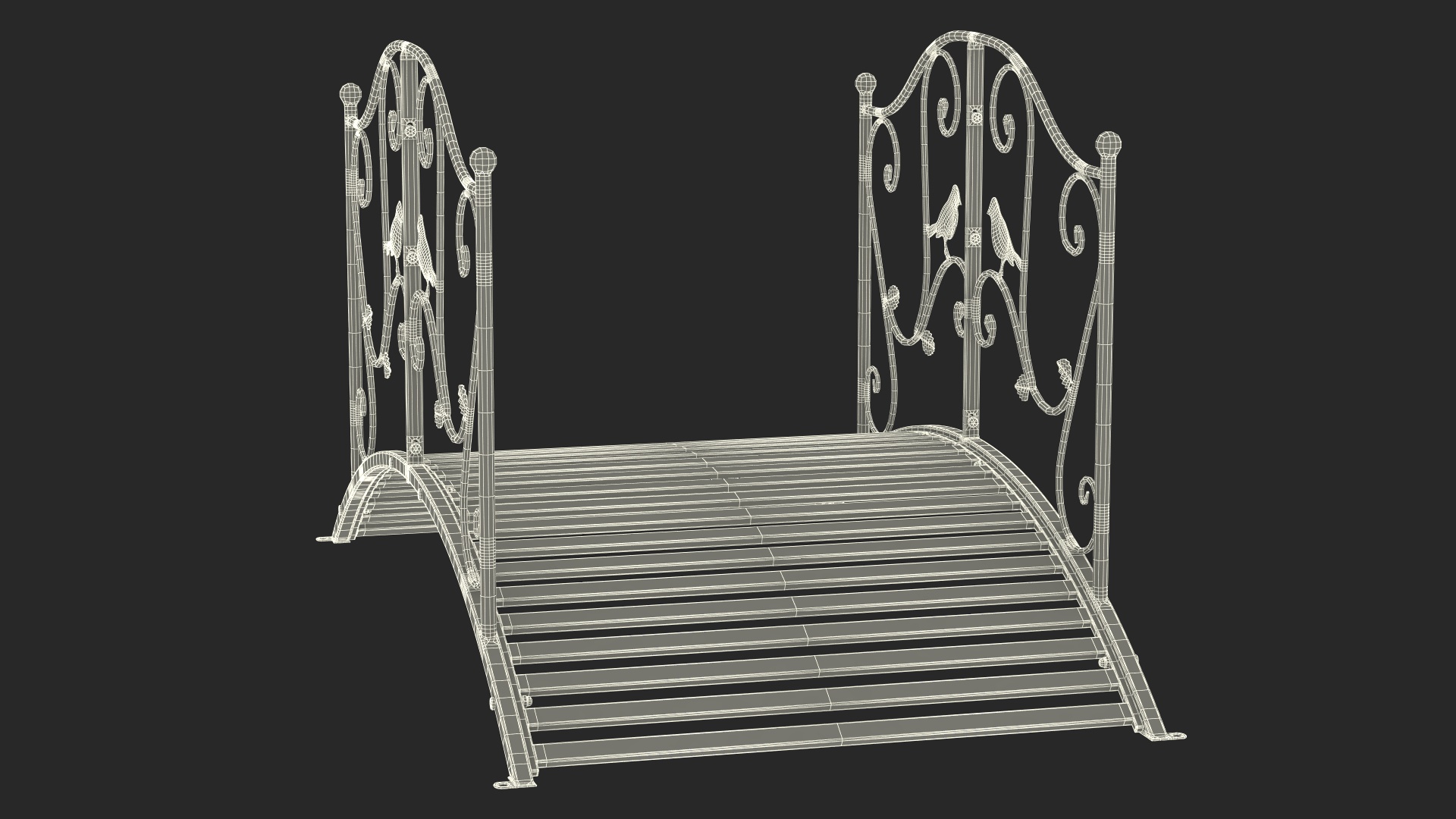 3D Garden Bridge with Wrought Iron Railings White