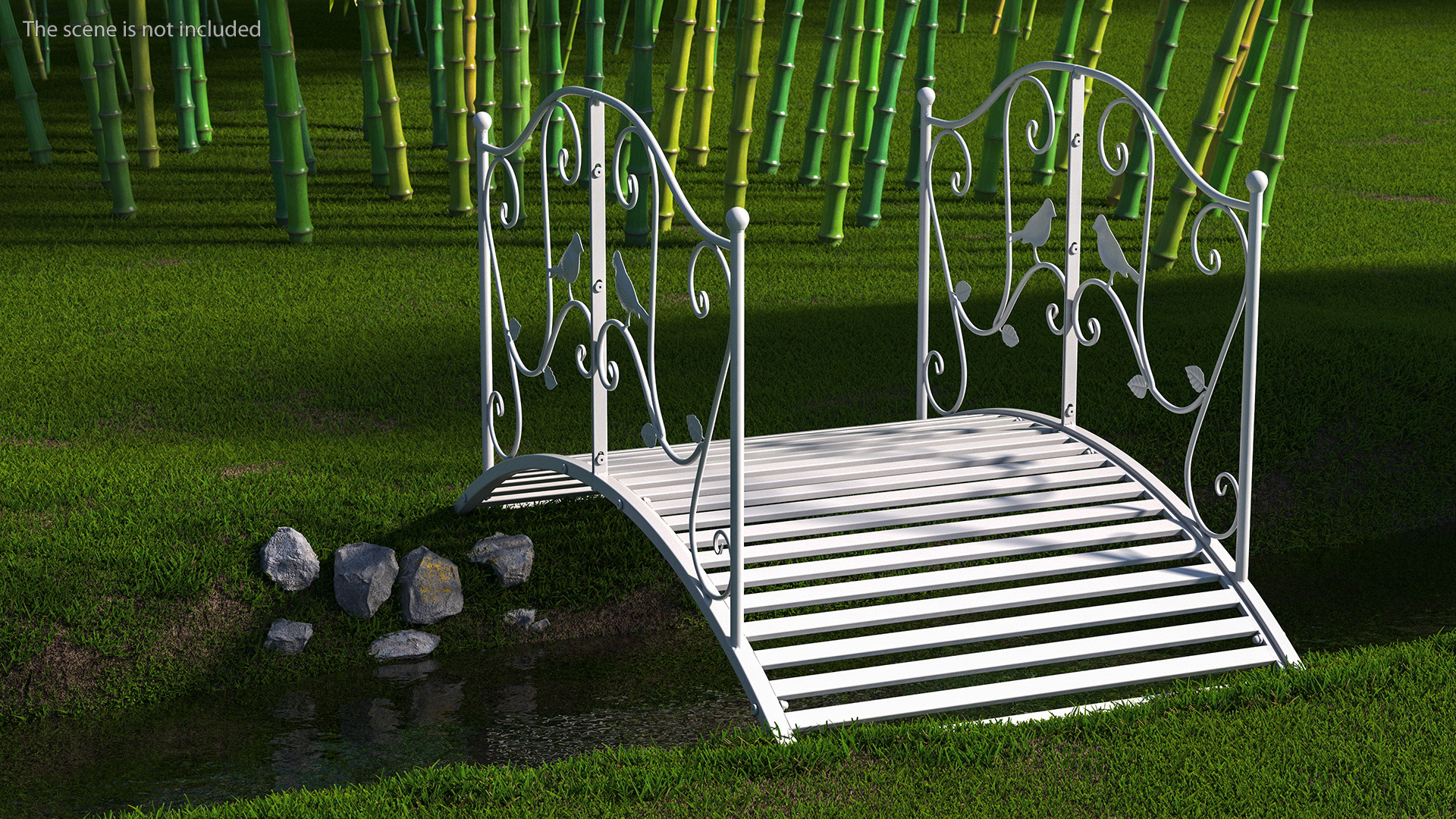 3D Garden Bridge with Wrought Iron Railings White