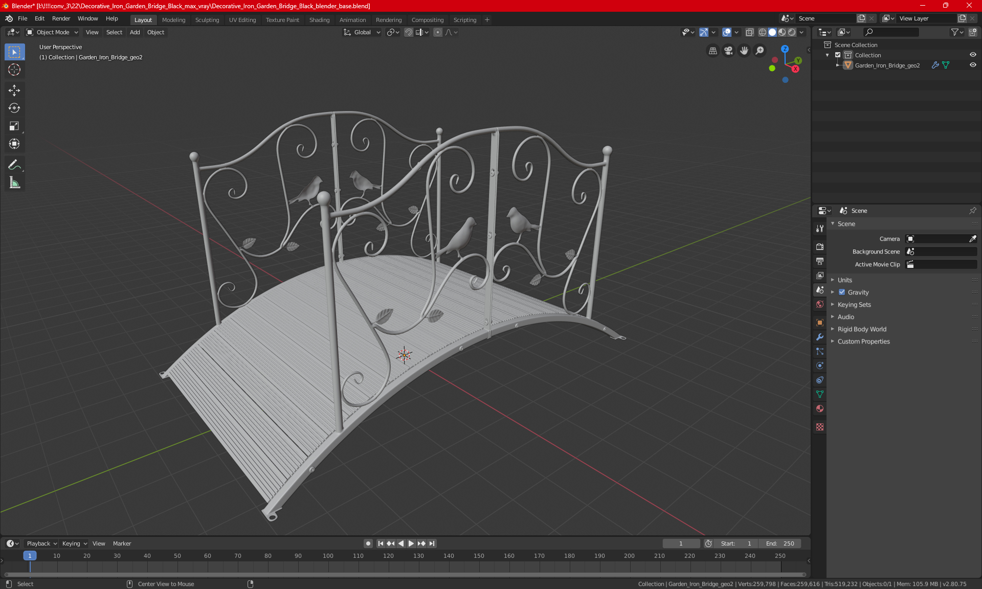 3D Garden Bridge with Wrought Iron Railings White