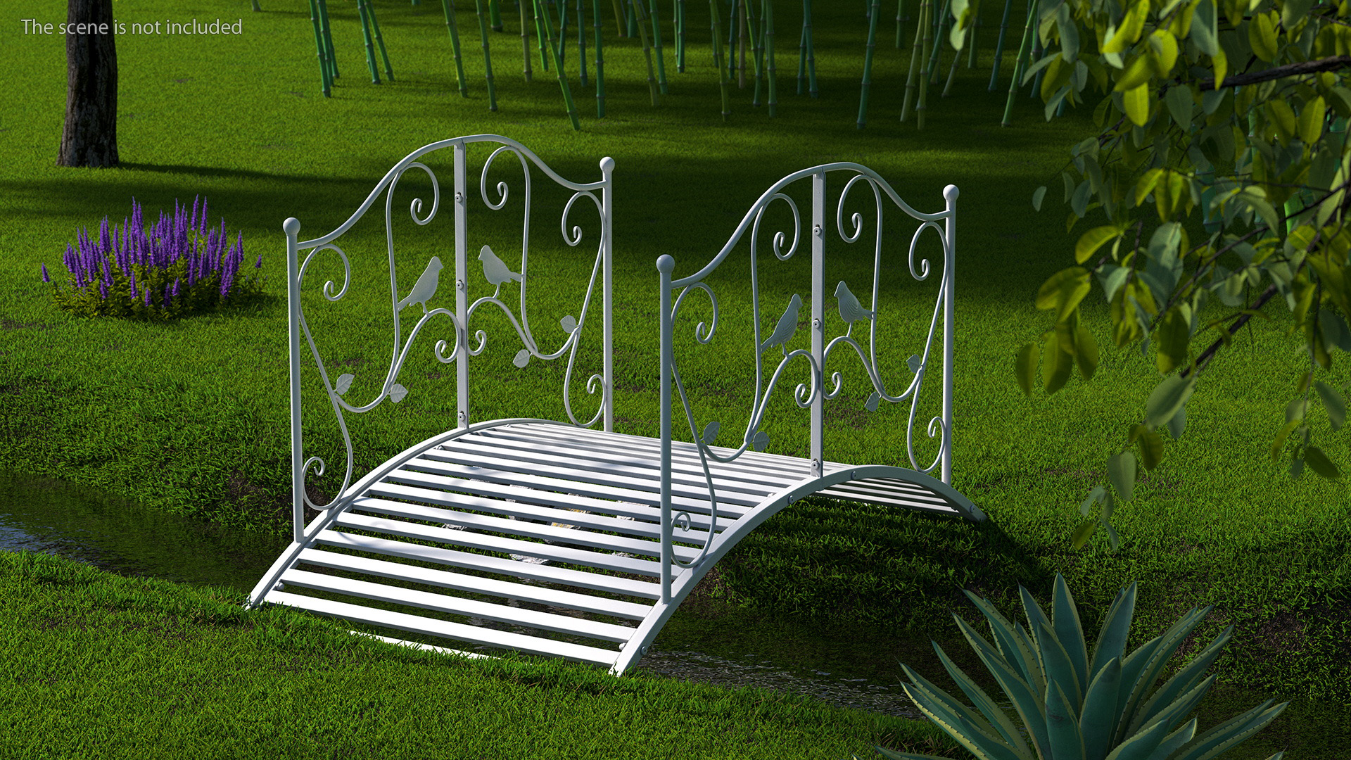 3D Garden Bridge with Wrought Iron Railings White