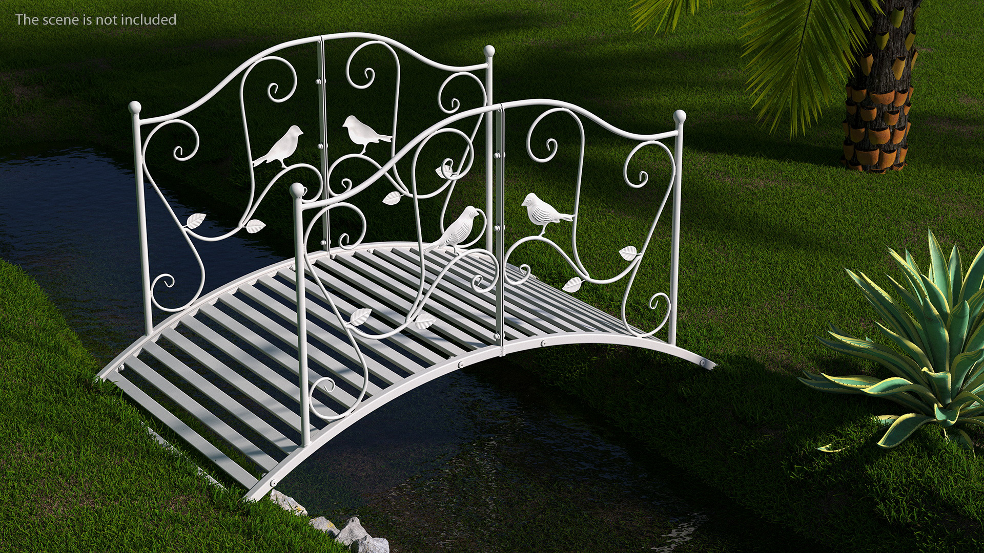 3D Garden Bridge with Wrought Iron Railings White