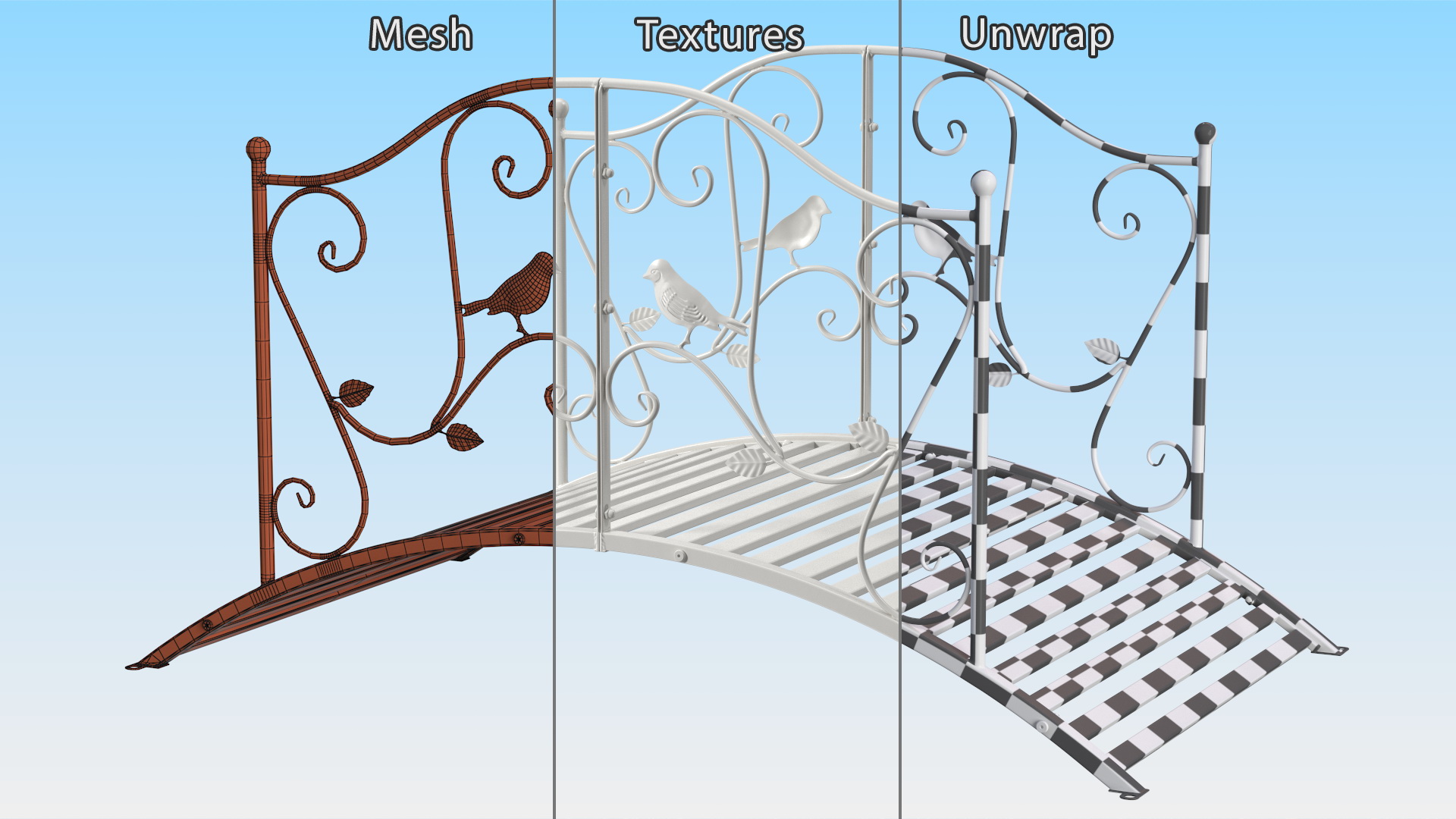 3D Garden Bridge with Wrought Iron Railings White