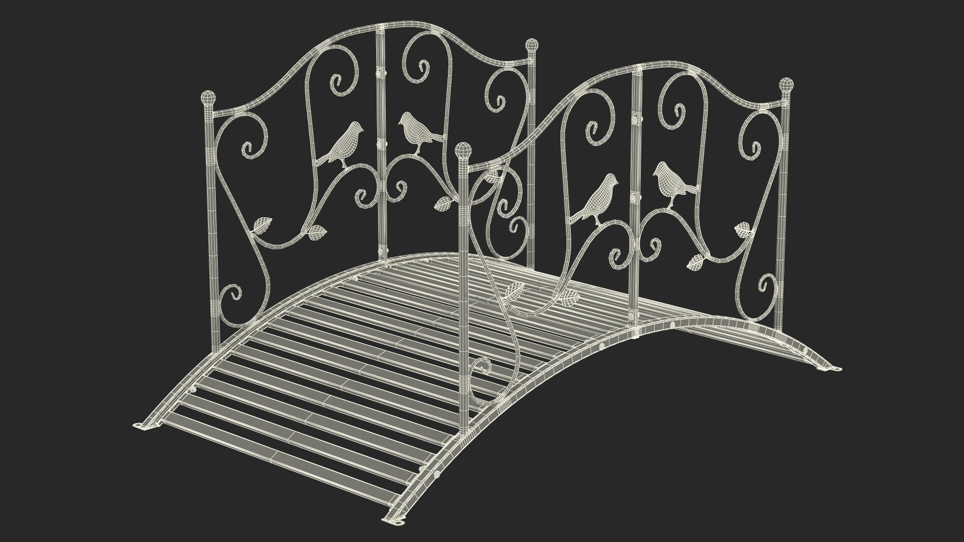 3D Garden Bridge with Wrought Iron Railings White