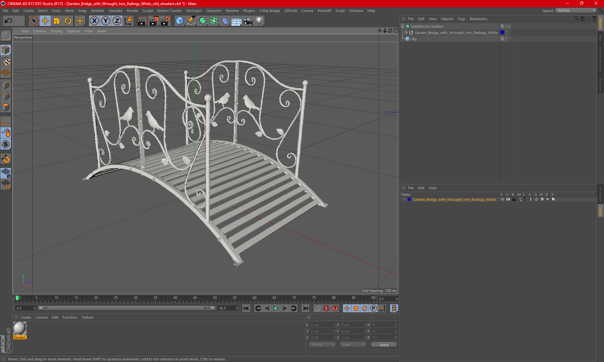 3D Garden Bridge with Wrought Iron Railings White