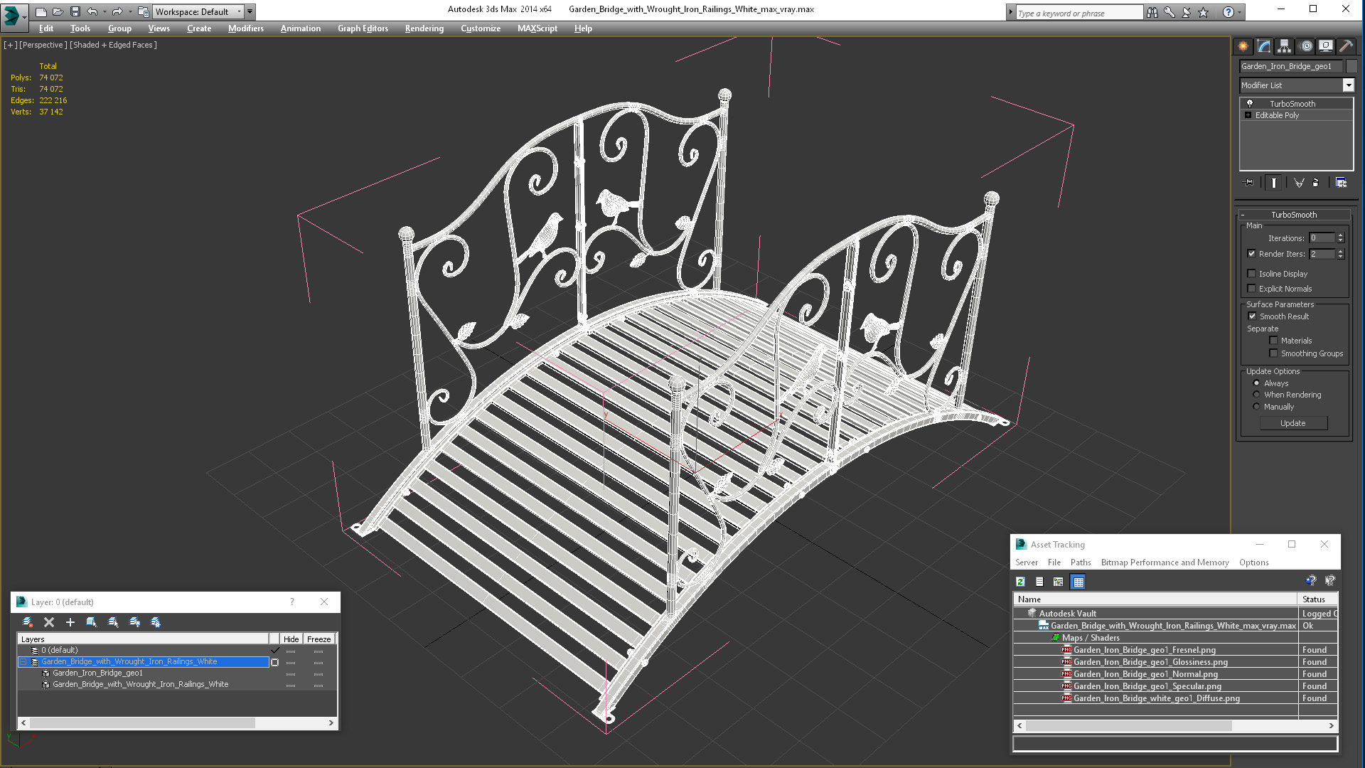 3D Garden Bridge with Wrought Iron Railings White